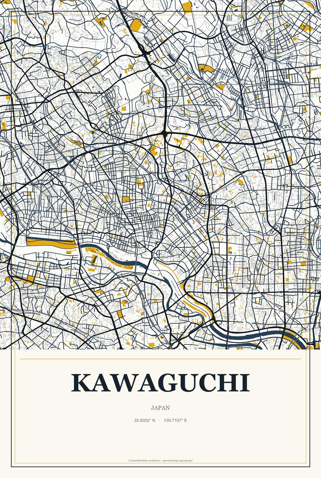 Kawaguchi, Japan City Map Aluminum Sign in Citrine Modern style