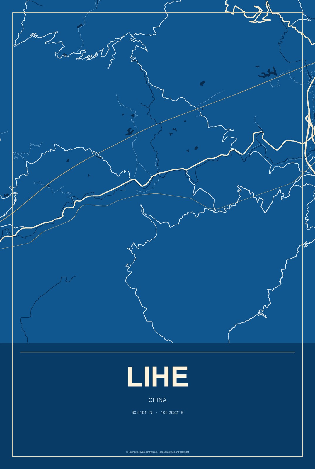 Lihe, China City Map Aluminum Sign in Harbor Cobalt style