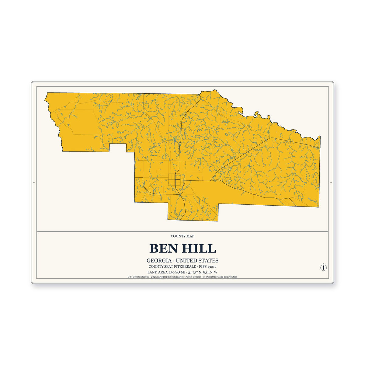 Ben Hill County, Georgia Map Aluminum Sign in Citrine Modern style