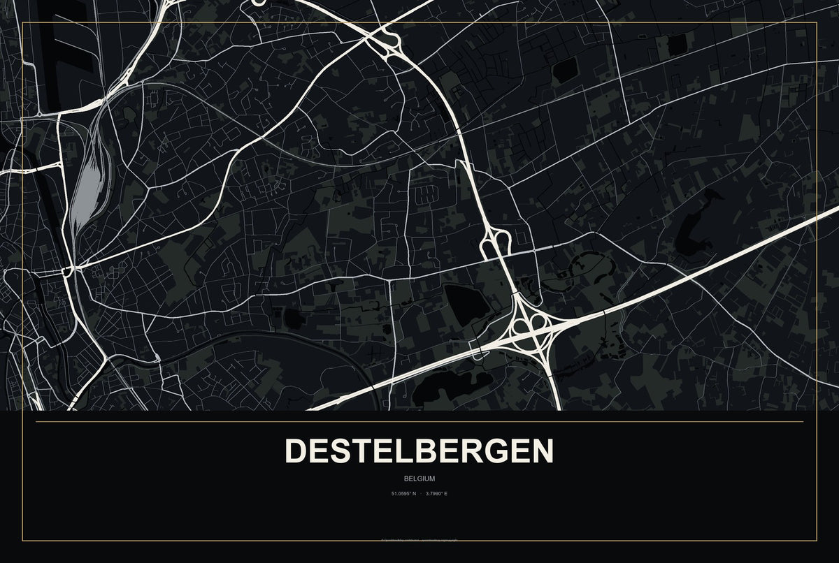 Destelbergen, Belgium City Map Aluminum Sign in Metropolitan Noir style