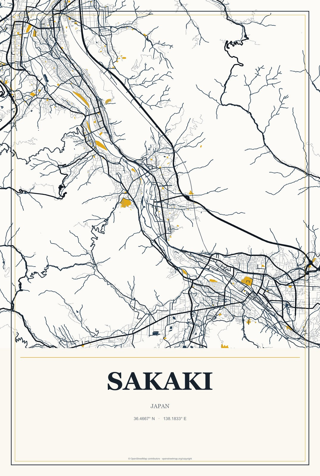 Sakaki, Japan City Map Aluminum Sign in Citrine Modern style