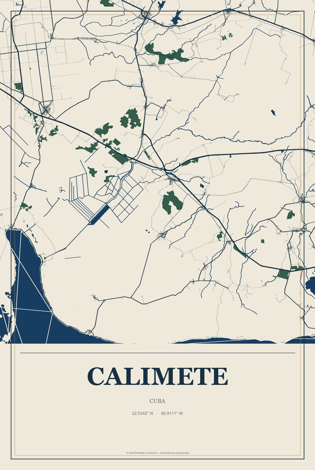 Calimete, Cuba City Map Aluminum Sign in Coastal Cutout style