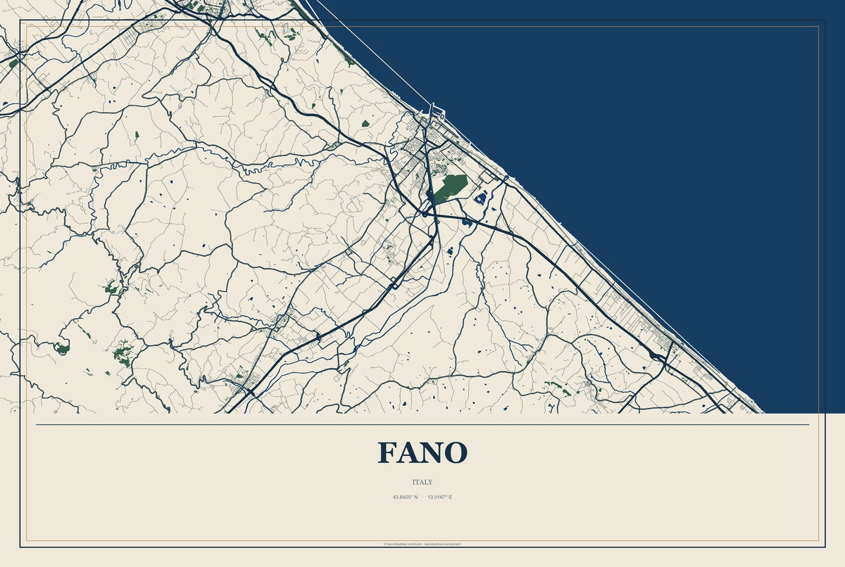Fano, Italy City Map Aluminum Sign in Coastal Cutout style
