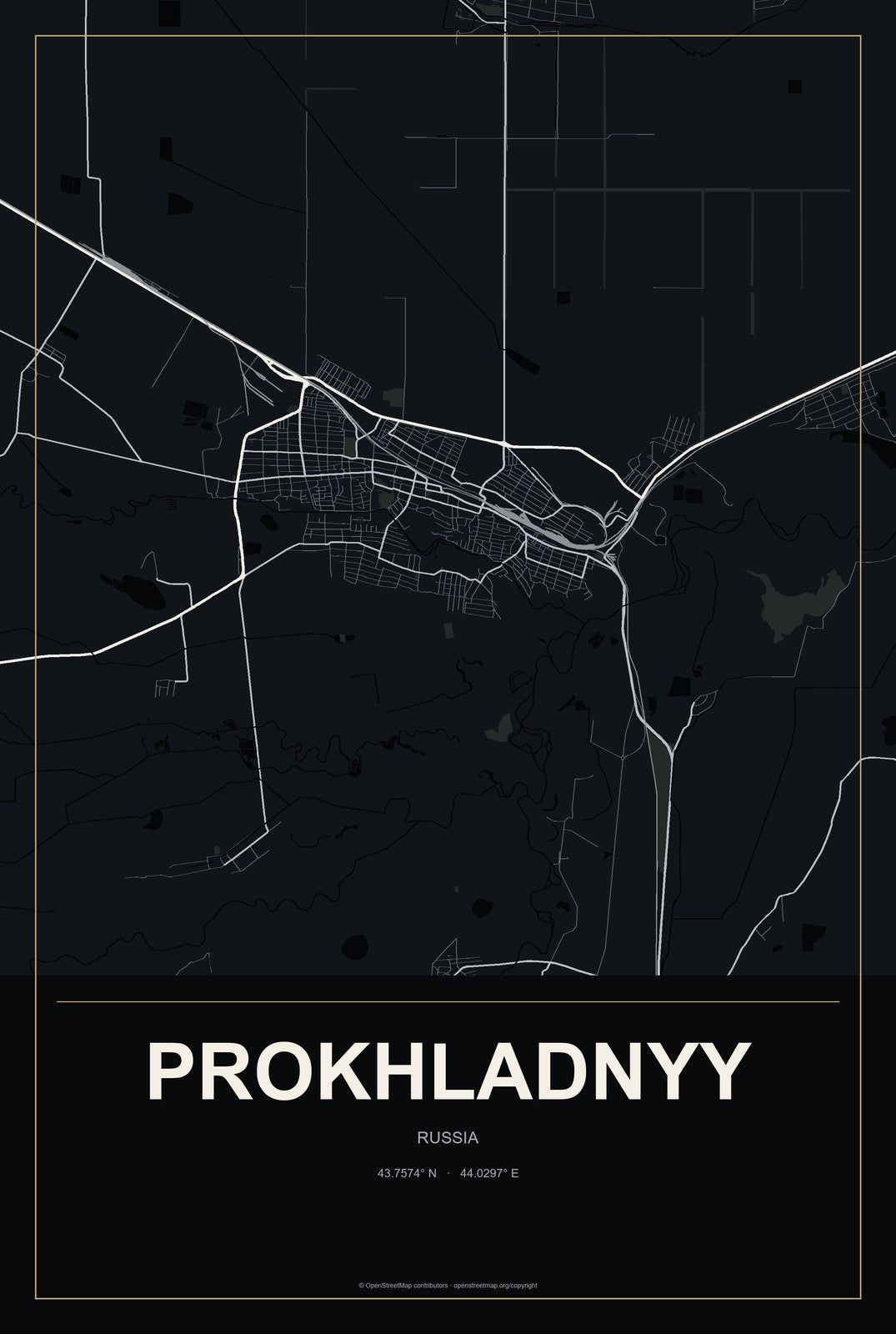 Prokhladnyy, Russia City Map Aluminum Sign in Metropolitan Noir style