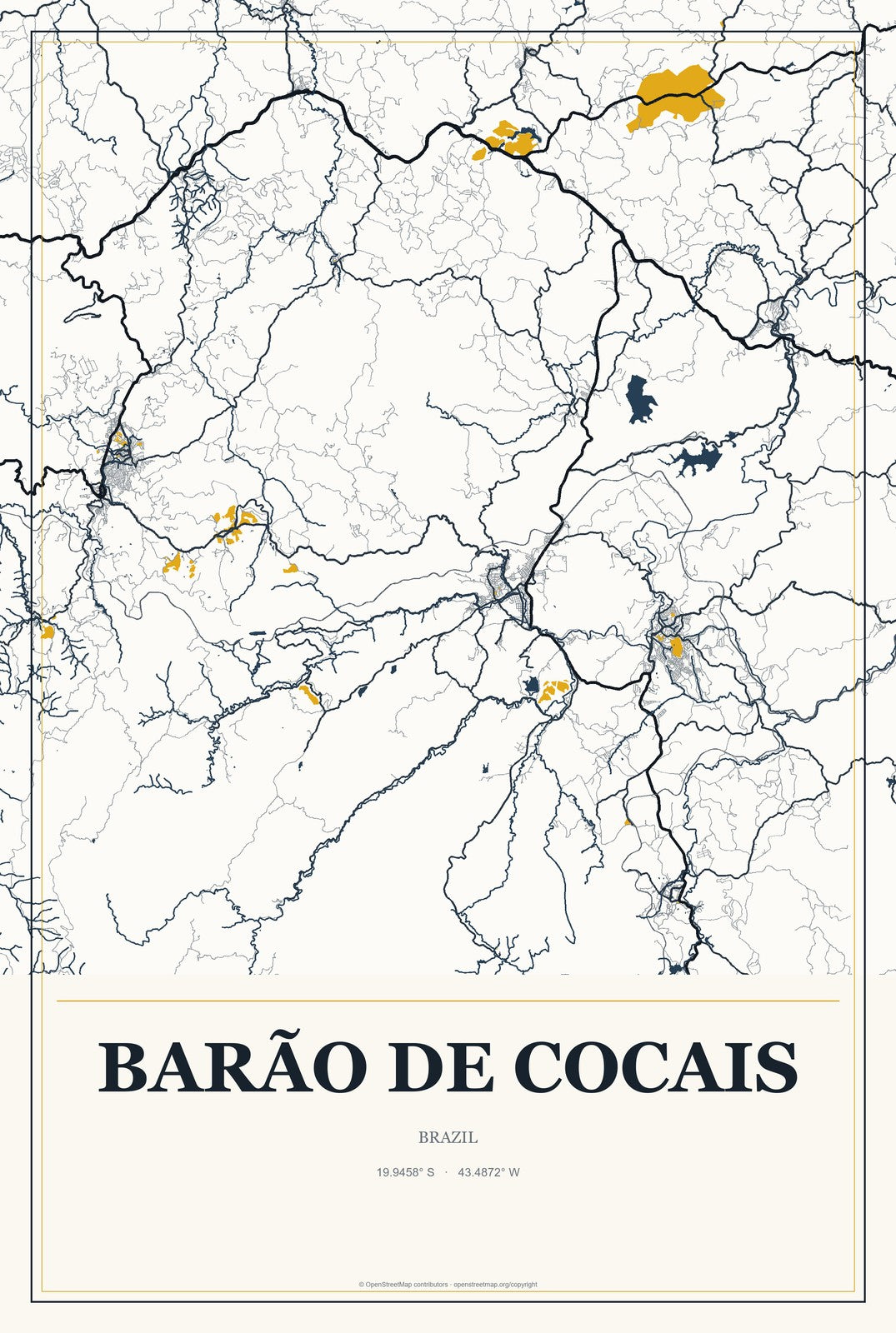 Barão de Cocais, Brazil City Map Aluminum Sign in Citrine Modern style