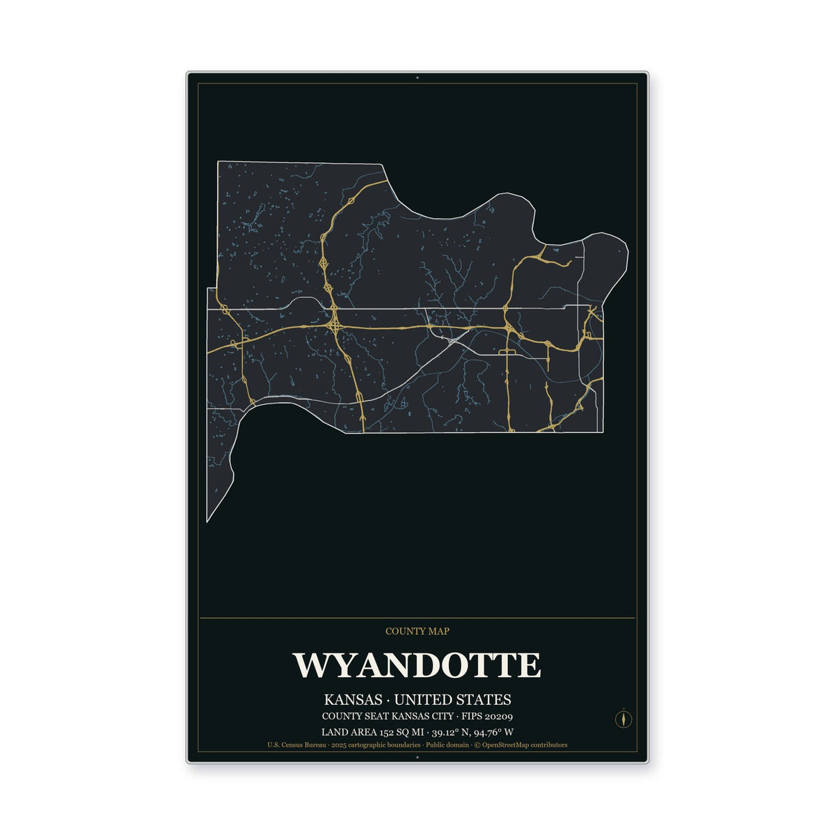 Wyandotte County, Kansas Map Aluminum Sign in Metropolitan Noir style