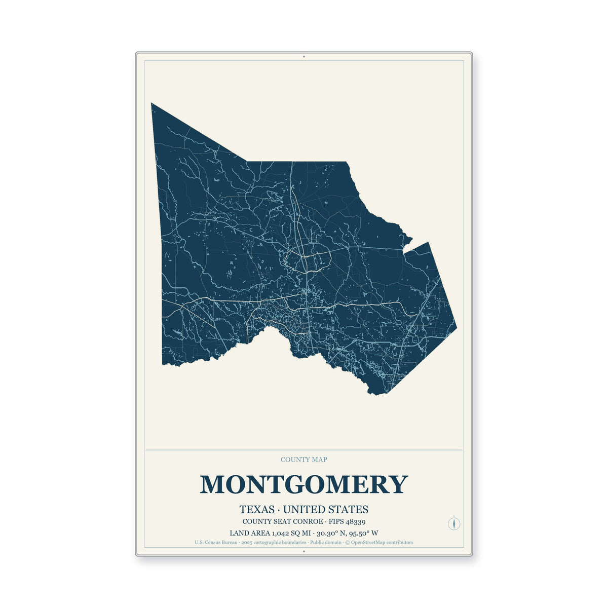 Montgomery County, Texas Map Aluminum Sign in Coastal Cutout style