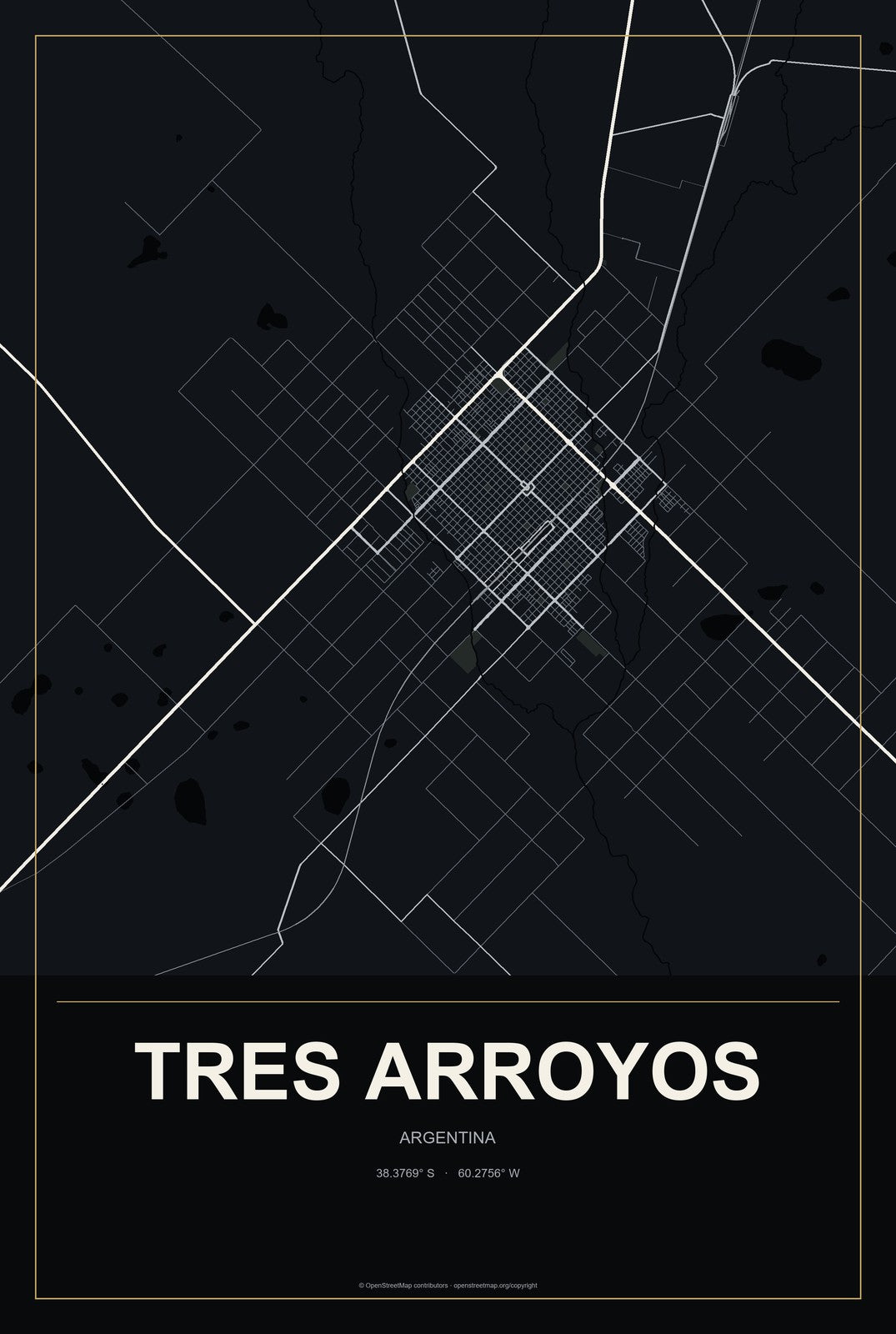 Tres Arroyos, Argentina City Map Aluminum Sign in Metropolitan Noir style