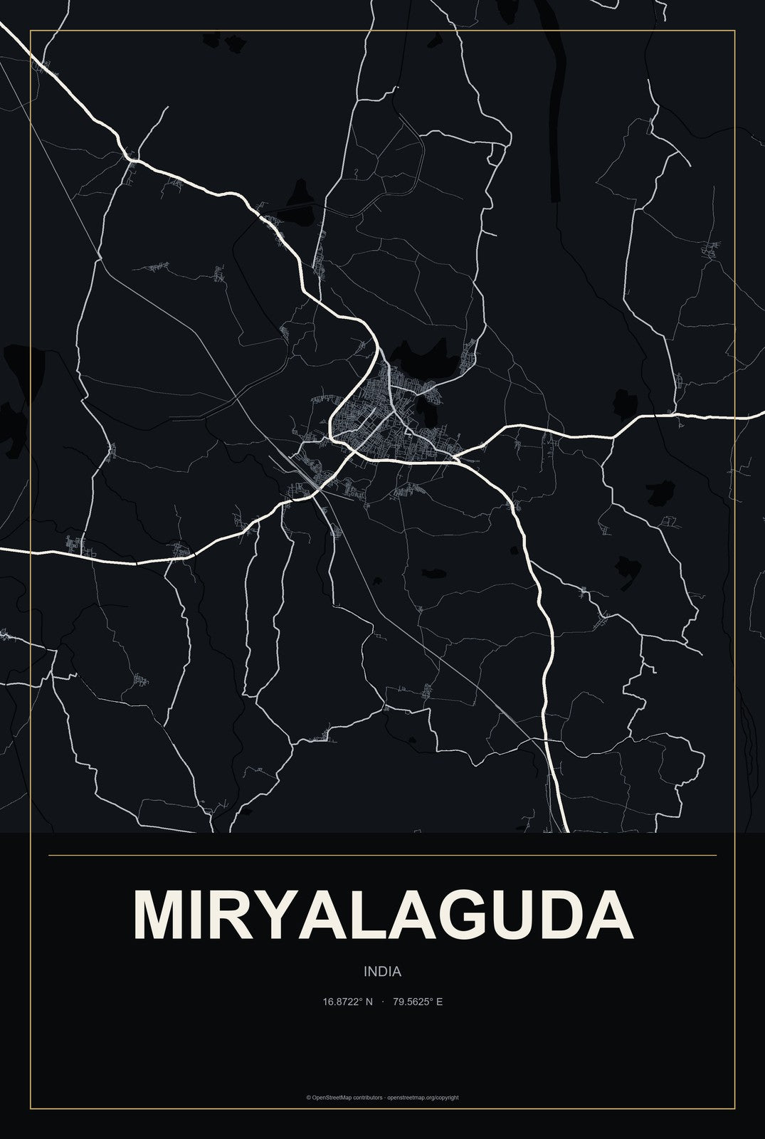 Miryalaguda, India City Map Aluminum Sign in Metropolitan Noir style