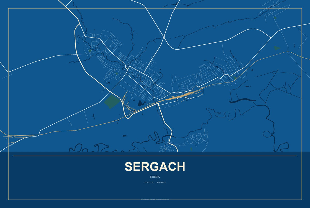 Sergach, Russia City Map Aluminum Sign in Harbor Cobalt style