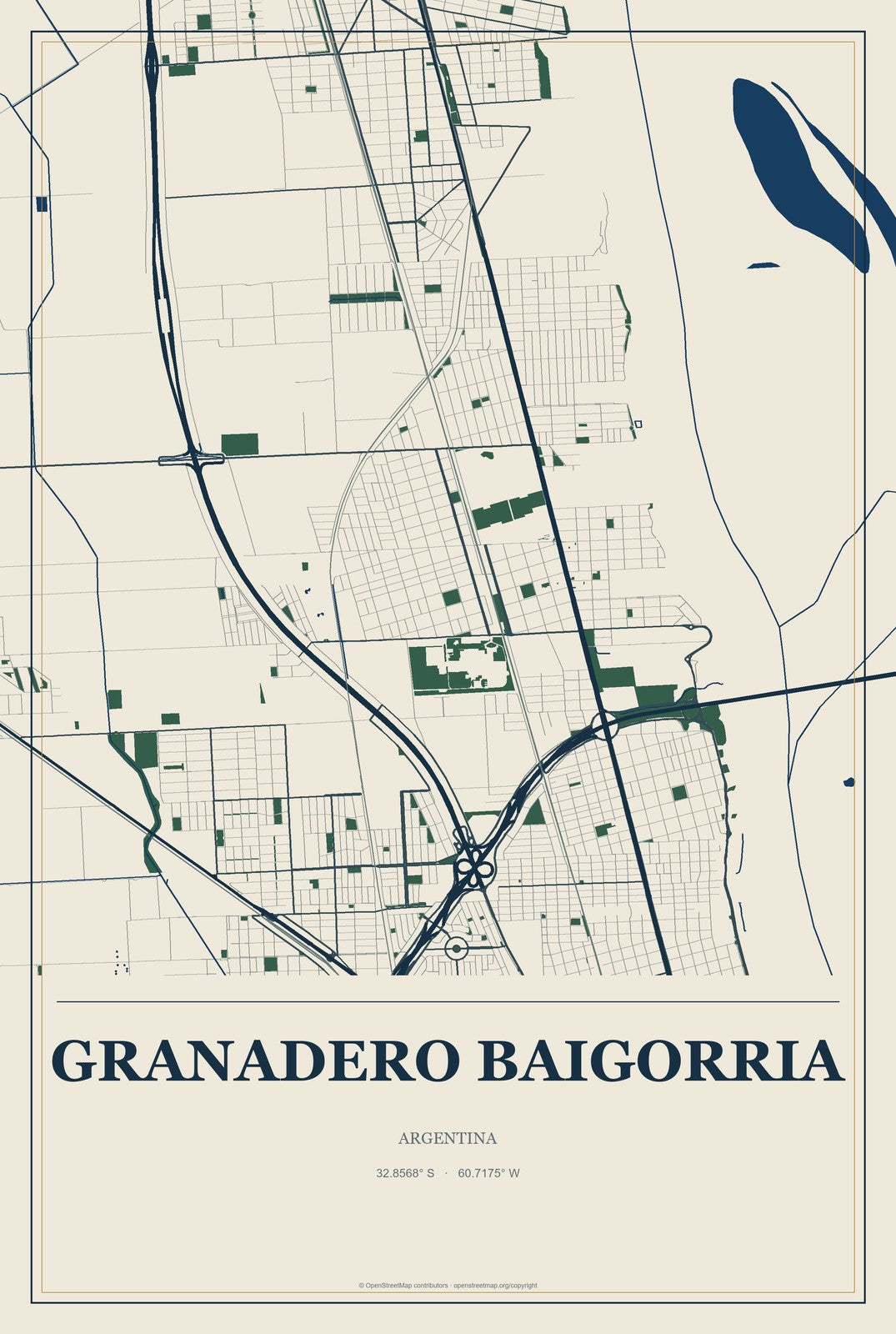Granadero Baigorria, Argentina City Map Aluminum Sign in Coastal Cutout style