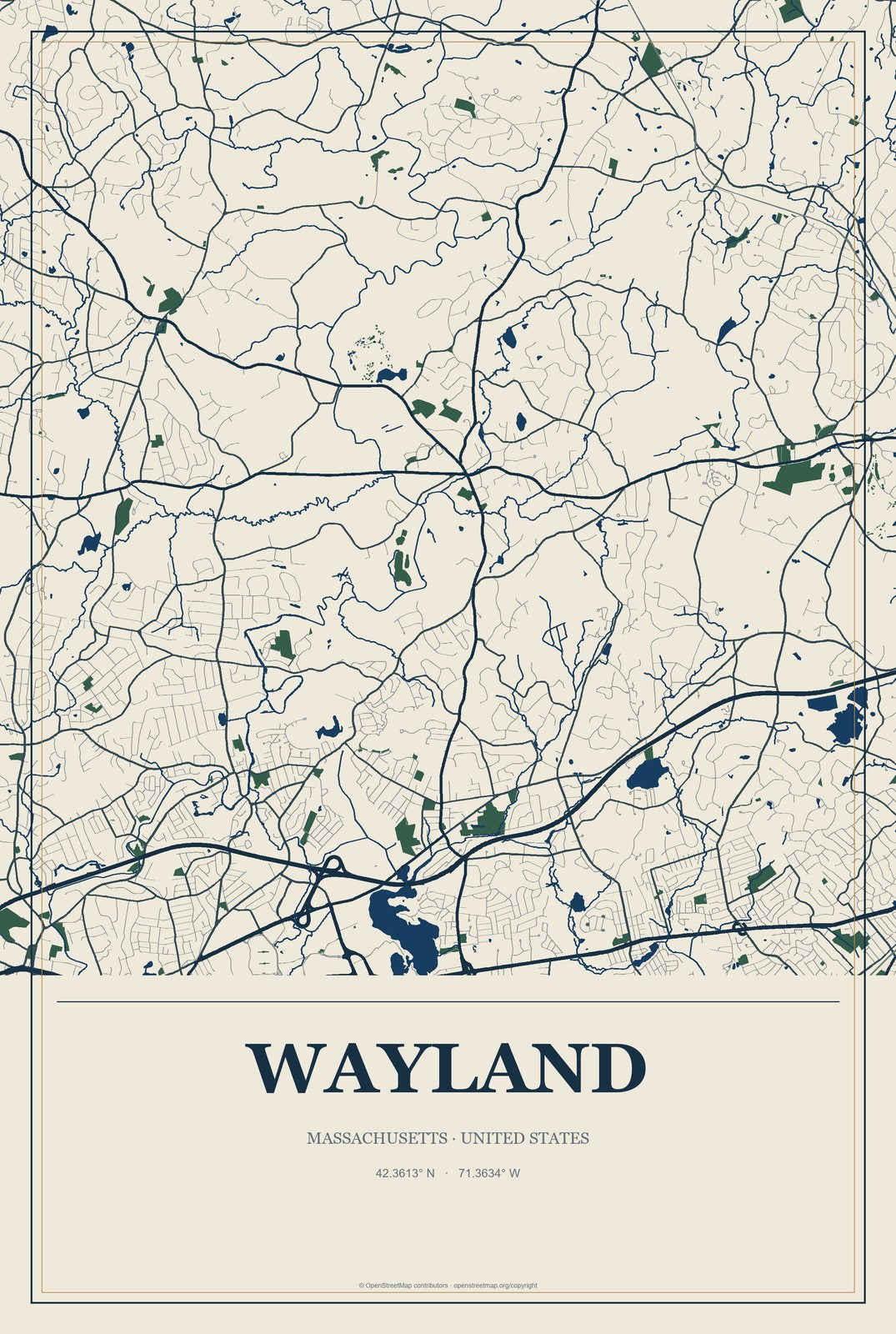 Wayland, Massachusetts City Map Aluminum Sign in Coastal Cutout style