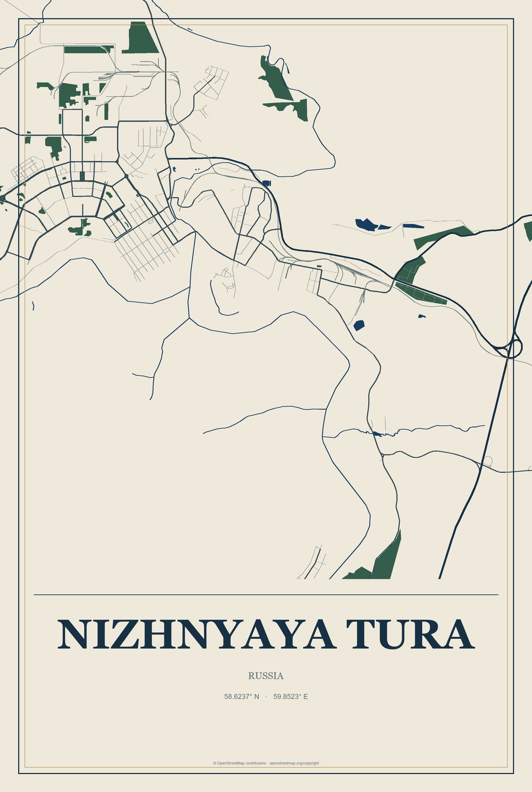 Nizhnyaya Tura, Russia City Map Aluminum Sign in Coastal Cutout style