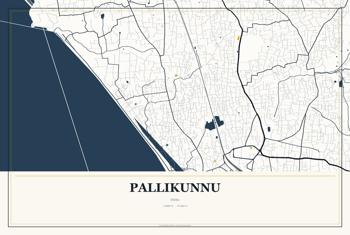 Pallikunnu, India City Map Aluminum Sign in Citrine Modern style