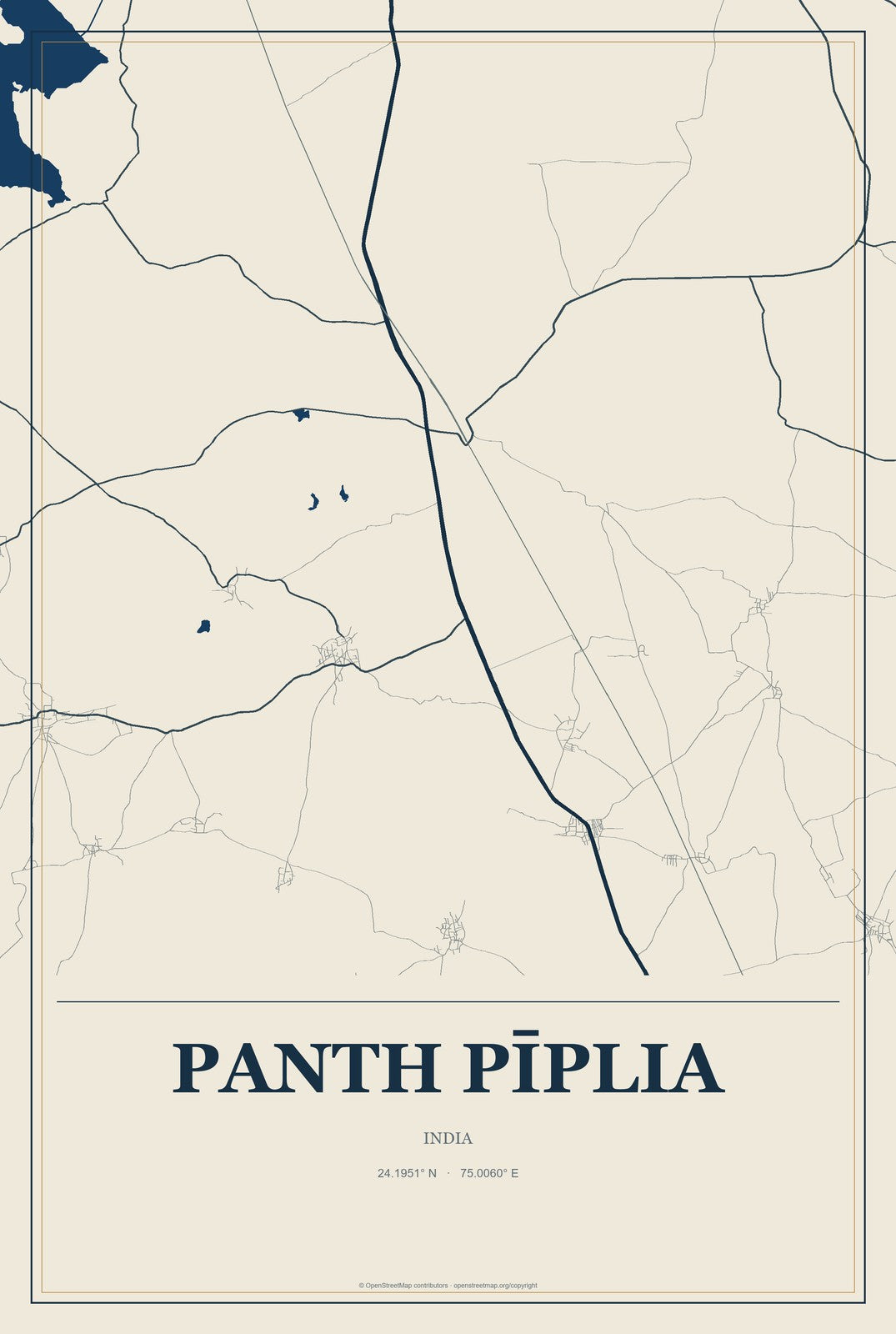 Panth Pīplia, India City Map Aluminum Sign in Coastal Cutout style