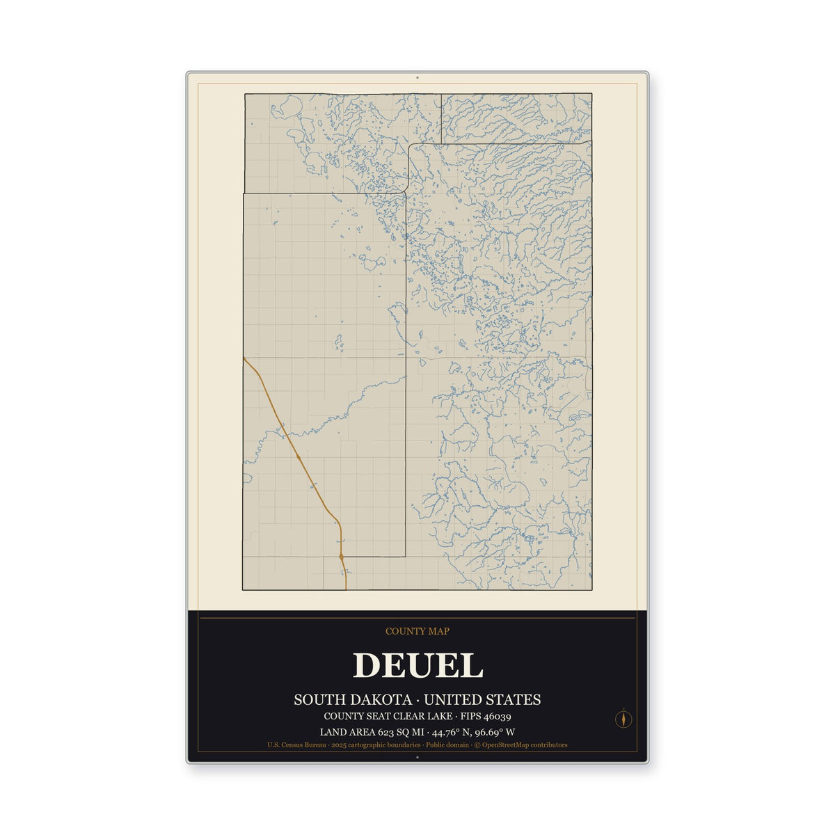 Deuel County, South Dakota Map Aluminum Sign in Museum Plaque style