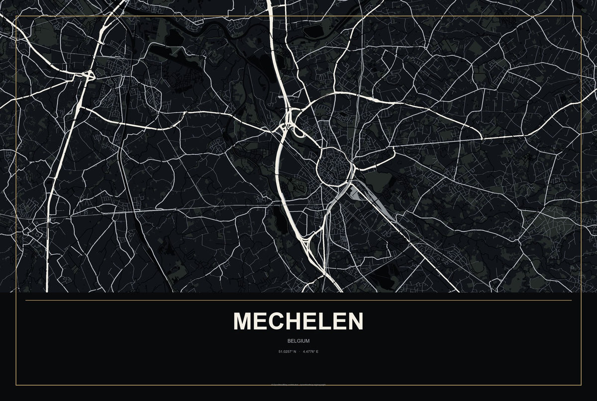 Mechelen, Belgium City Map Aluminum Sign in Metropolitan Noir style