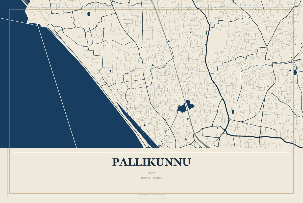 Pallikunnu, India City Map Aluminum Sign in Coastal Cutout style
