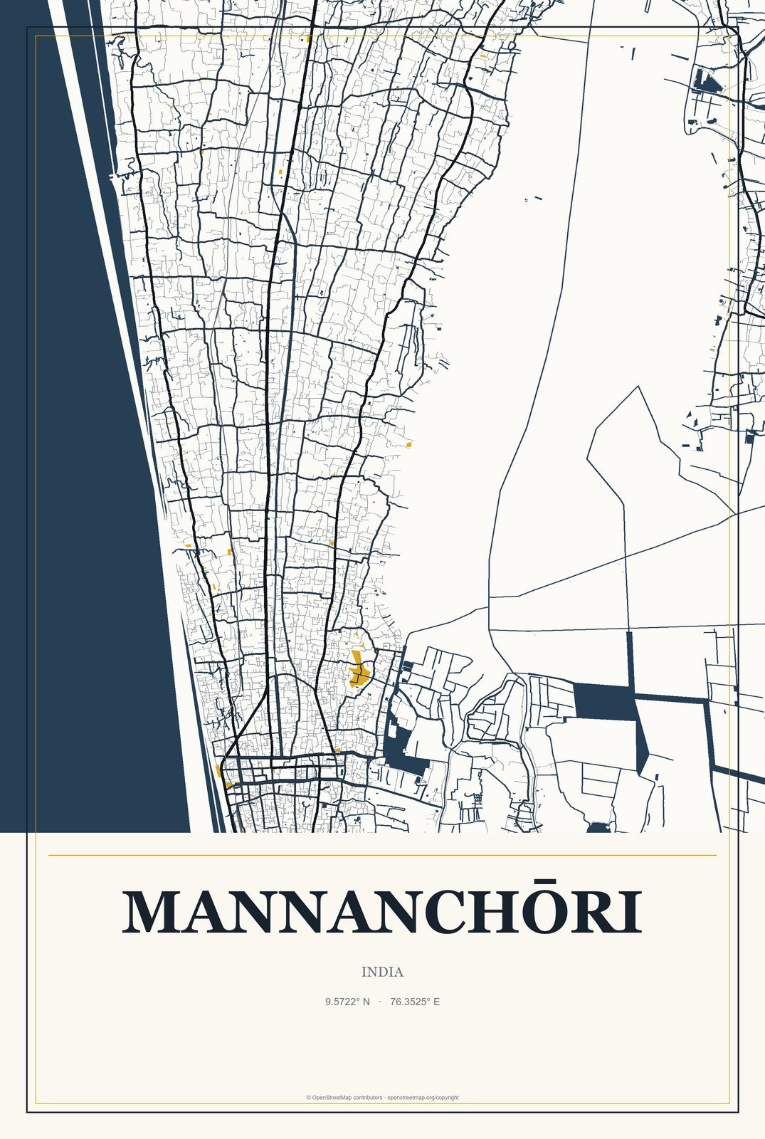Mannanchōri, India City Map Aluminum Sign in Citrine Modern style