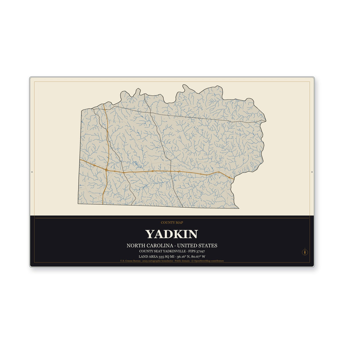 Yadkin County, North Carolina Map Aluminum Sign in Museum Plaque style