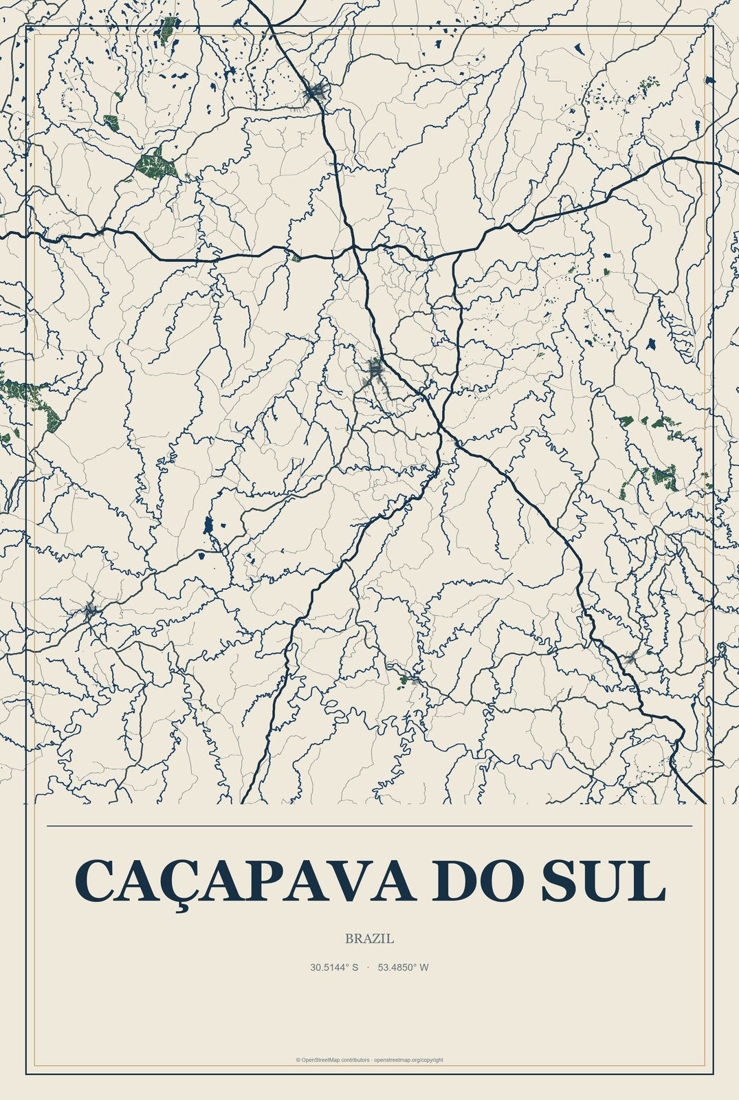 Caçapava do Sul, Brazil City Map Aluminum Sign in Coastal Cutout style