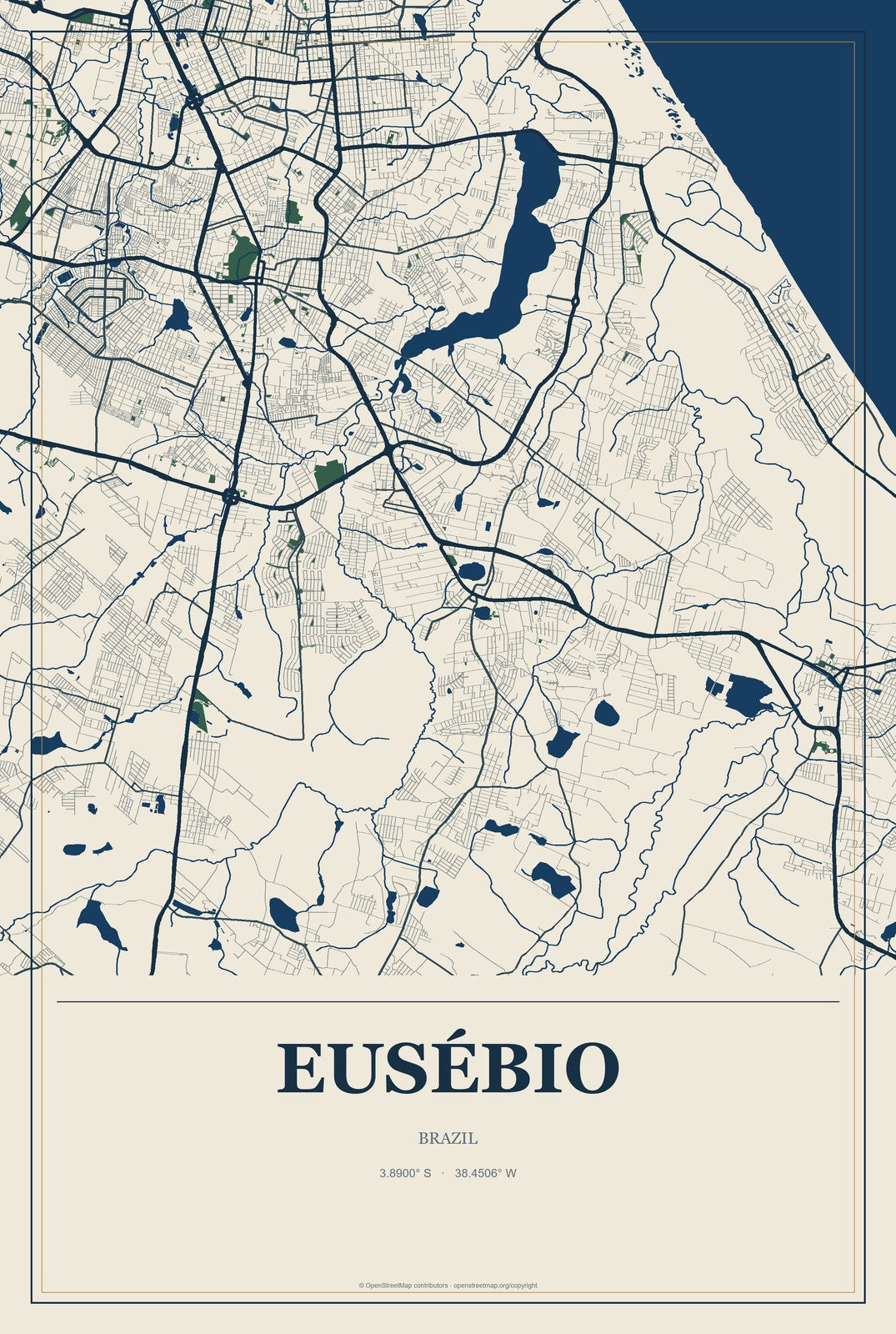 Eusébio, Brazil City Map Aluminum Sign in Coastal Cutout style