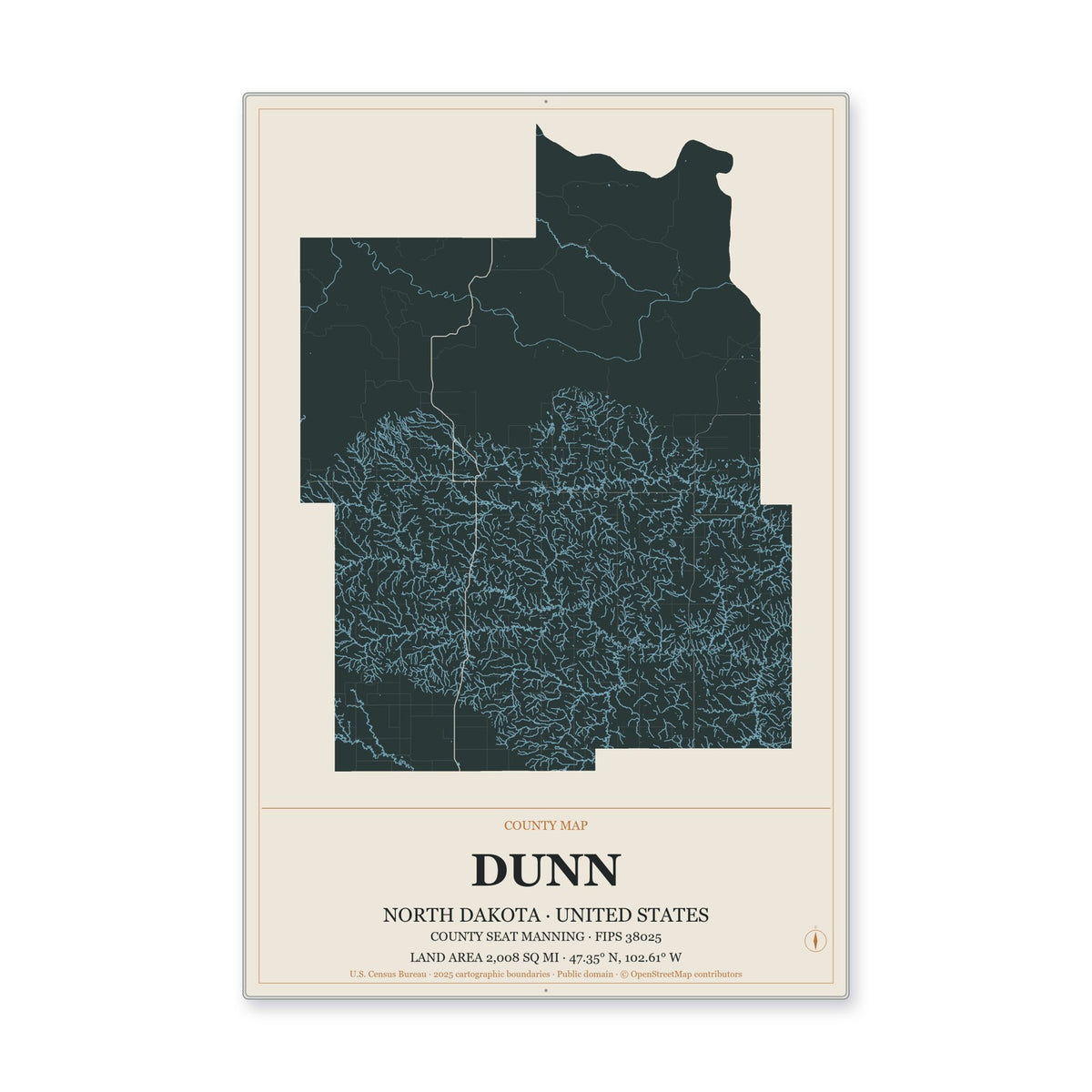 Dunn County, North Dakota Map Aluminum Sign in Headline Atlas style