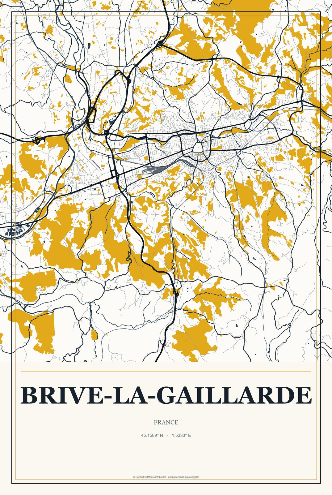 Brive-la-Gaillarde, France City Map Aluminum Sign in Citrine Modern style