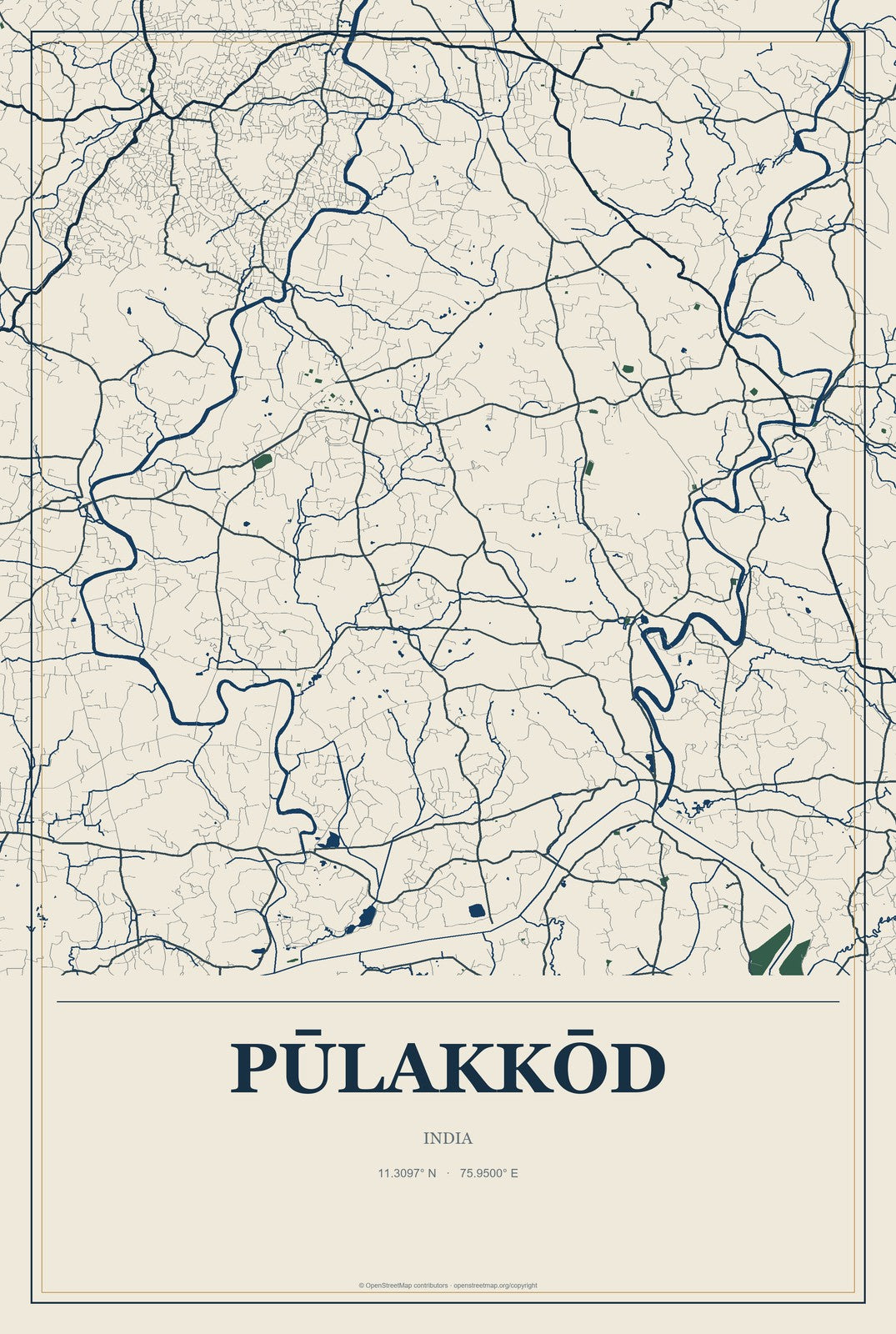 Pūlakkōd, India City Map Aluminum Sign in Coastal Cutout style