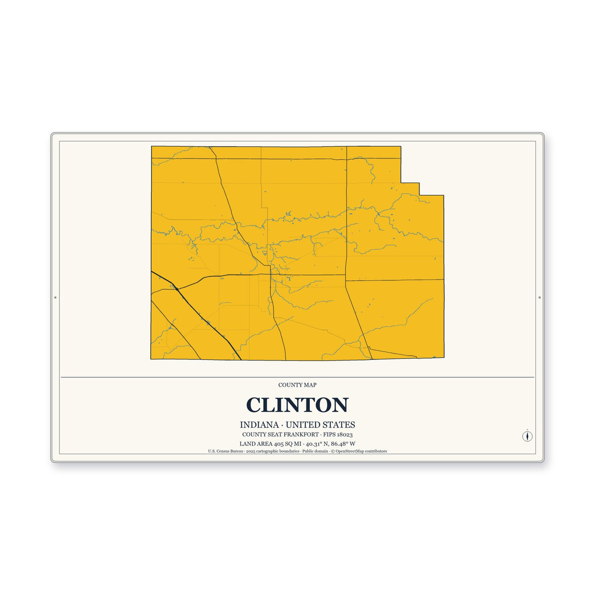 Clinton County, Indiana Map Aluminum Sign in Citrine Modern style