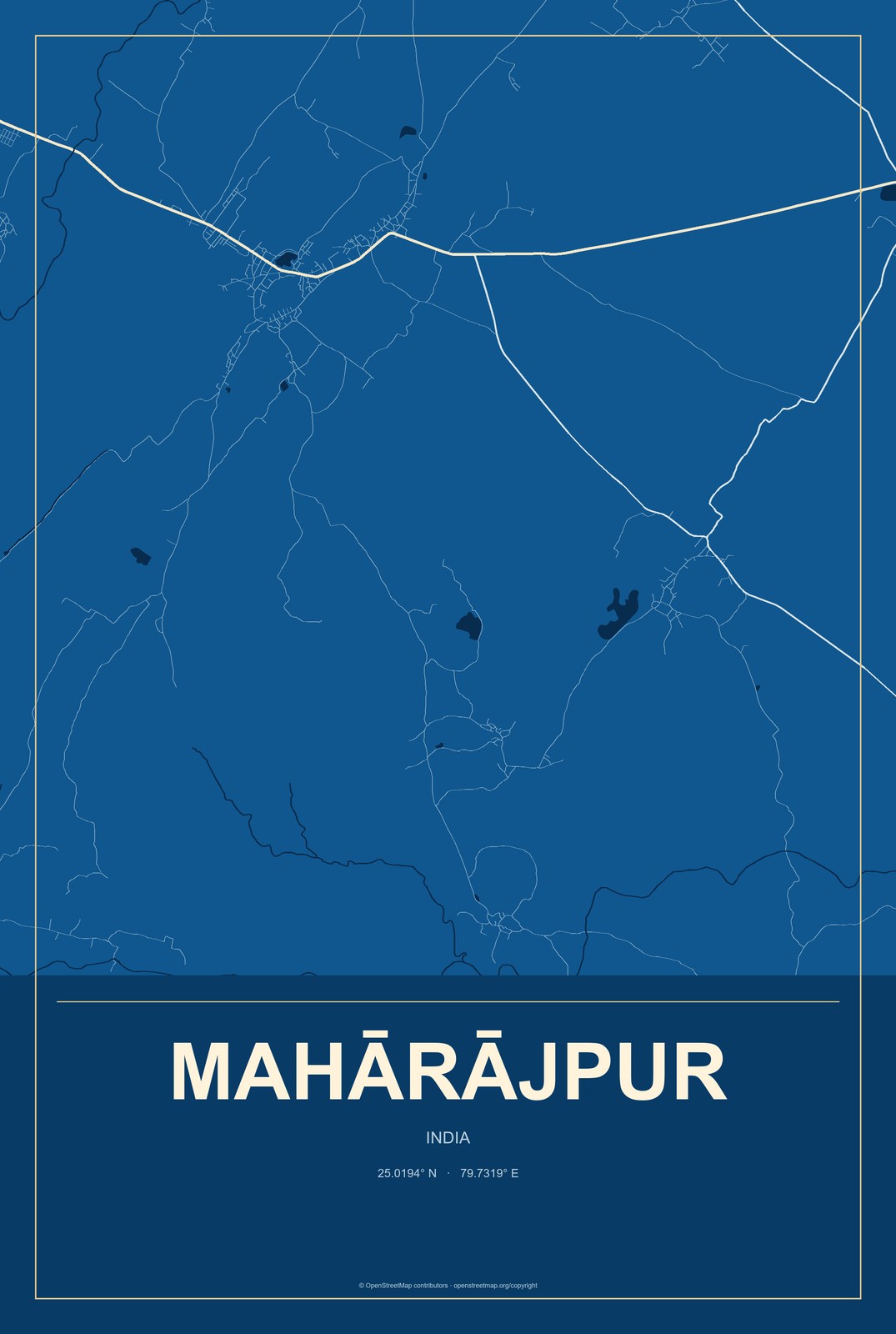 Mahārājpur, India City Map Aluminum Sign in Harbor Cobalt style