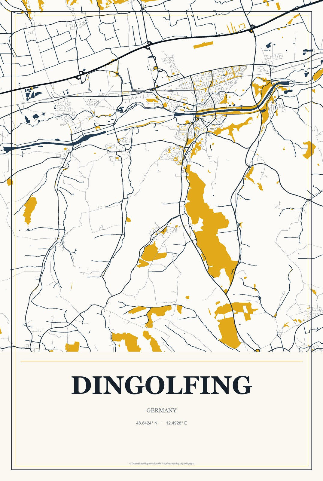 Dingolfing, Germany City Map Aluminum Sign in Citrine Modern style