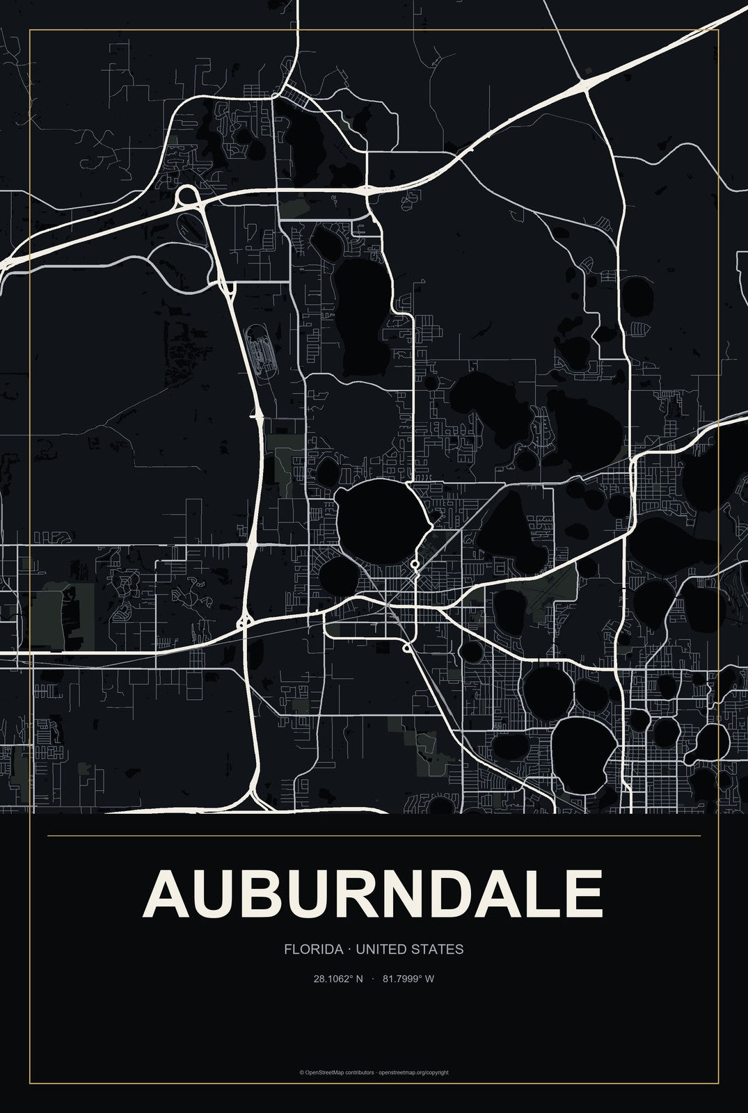 Auburndale, Florida City Map Aluminum Sign in Metropolitan Noir style
