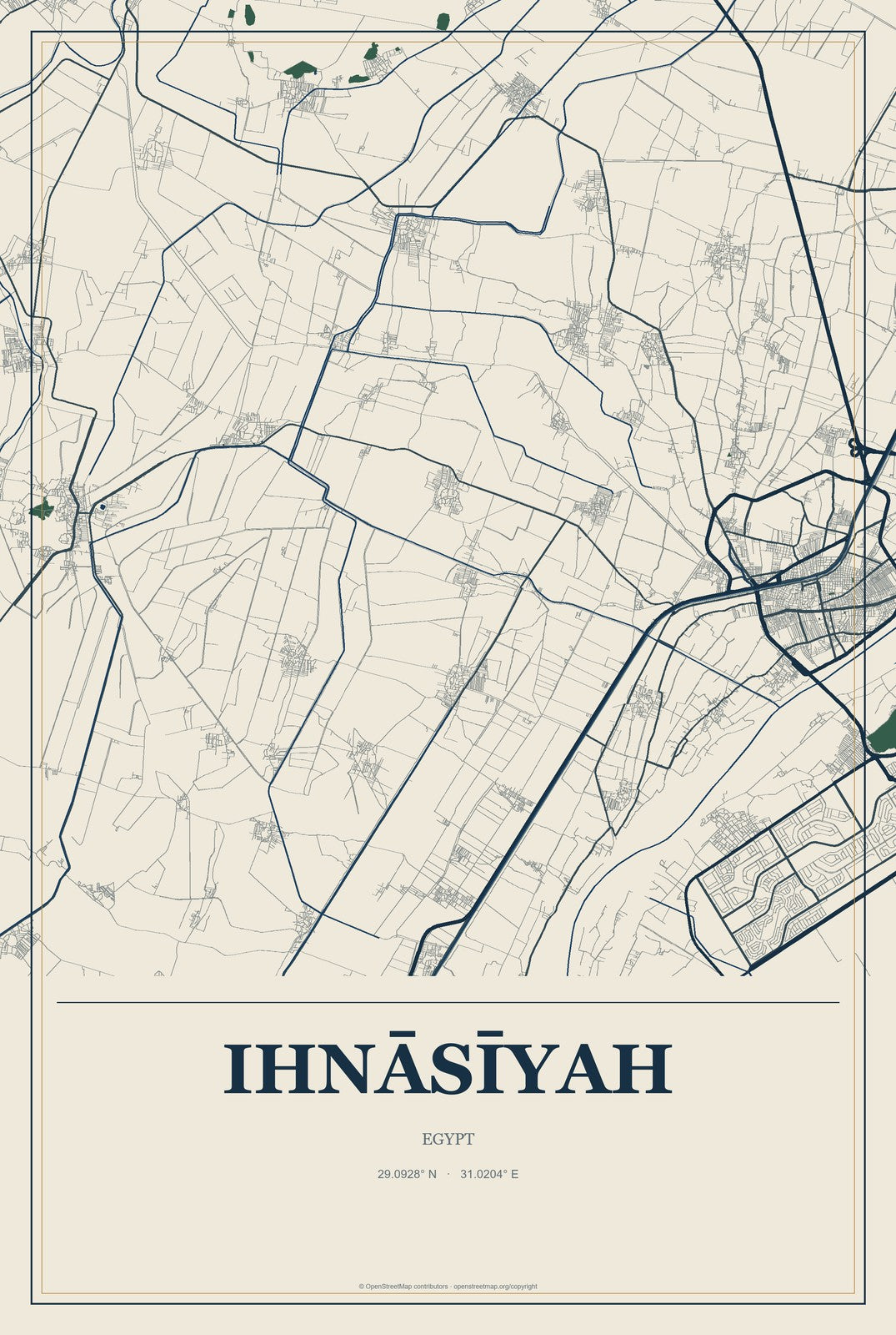 Ihnāsīyah, Egypt City Map Aluminum Sign in Coastal Cutout style