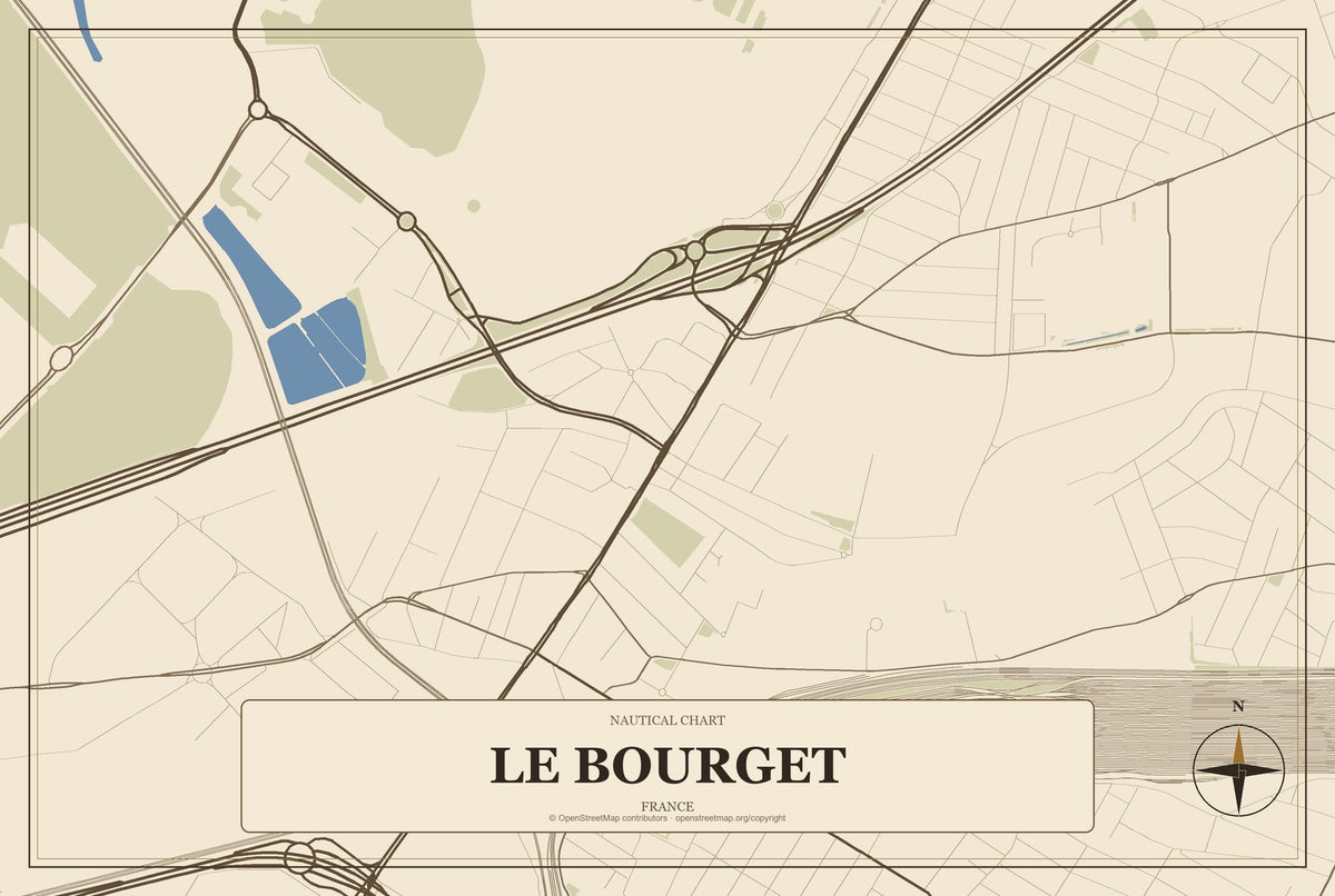 Le Bourget, France City Map Aluminum Sign in Heritage Nautical style