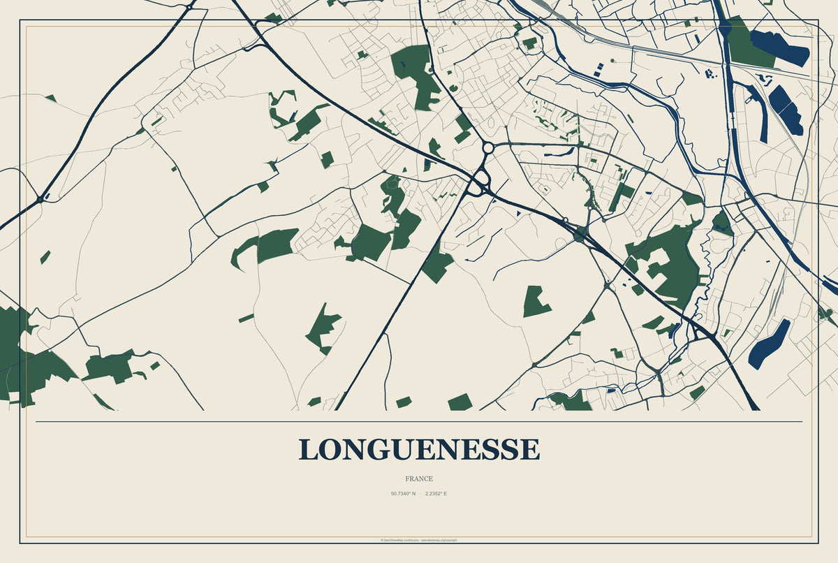 Longuenesse, France City Map Aluminum Sign in Coastal Cutout style