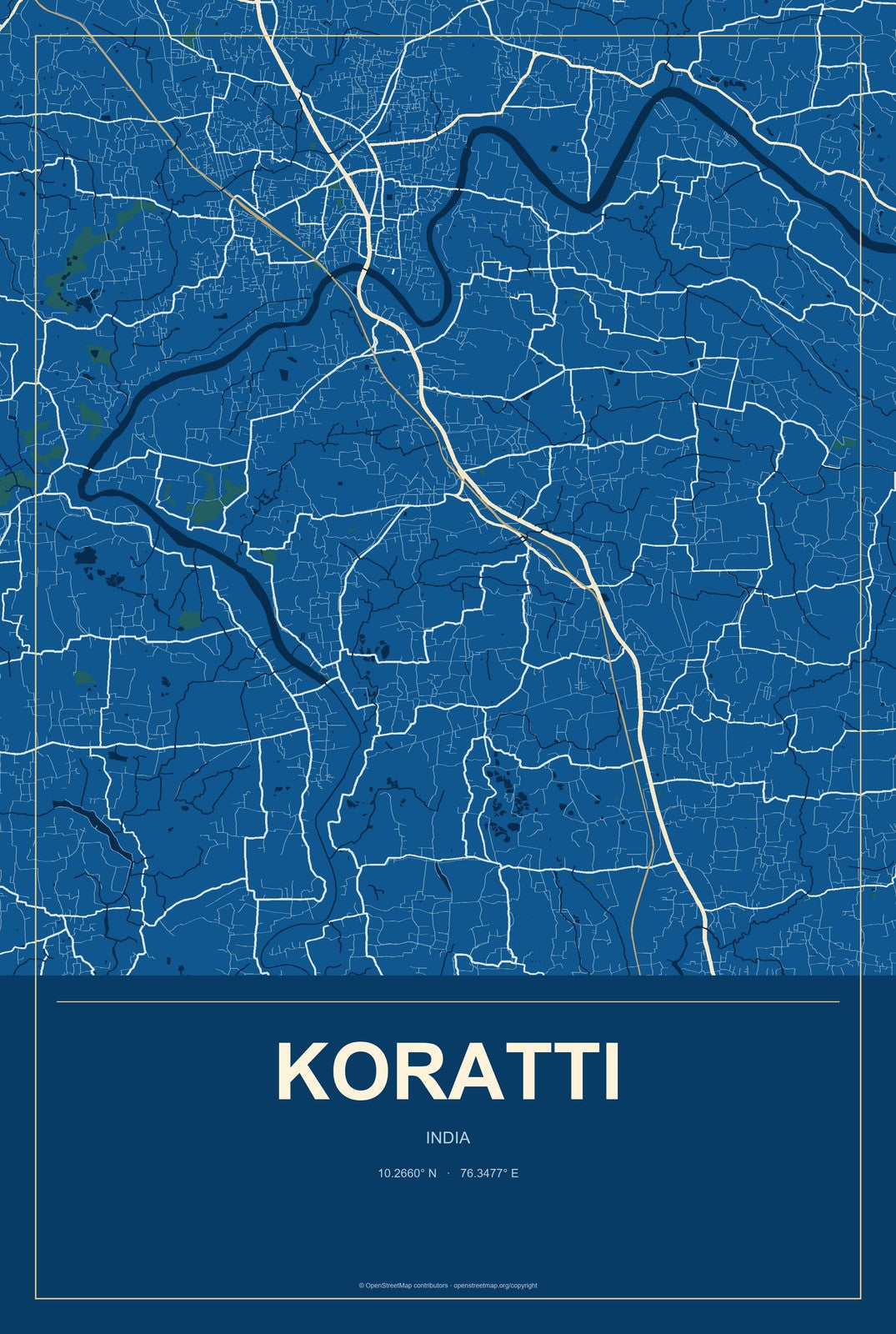 Koratti, India City Map Aluminum Sign in Harbor Cobalt style