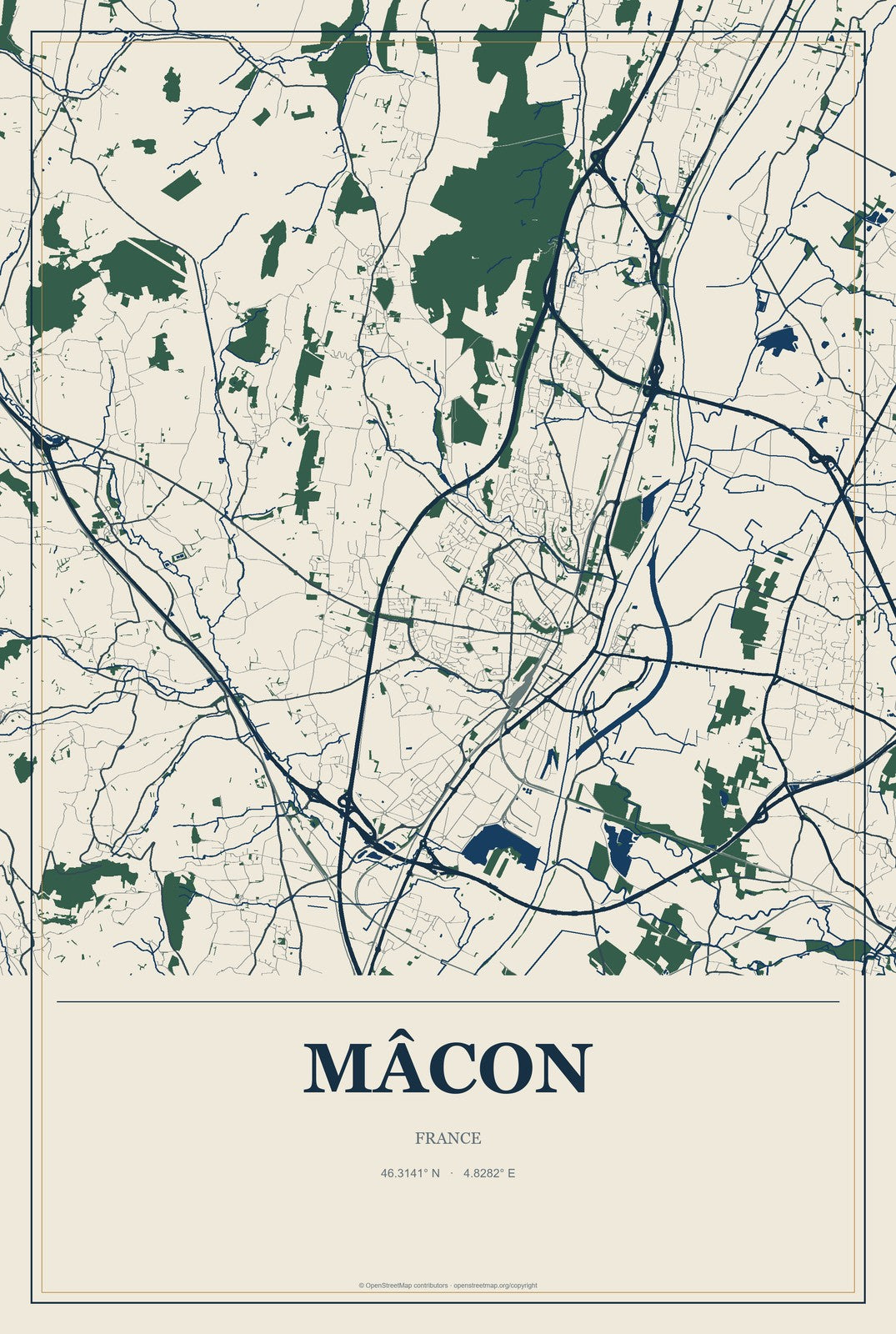 Mâcon, France City Map Aluminum Sign in Coastal Cutout style