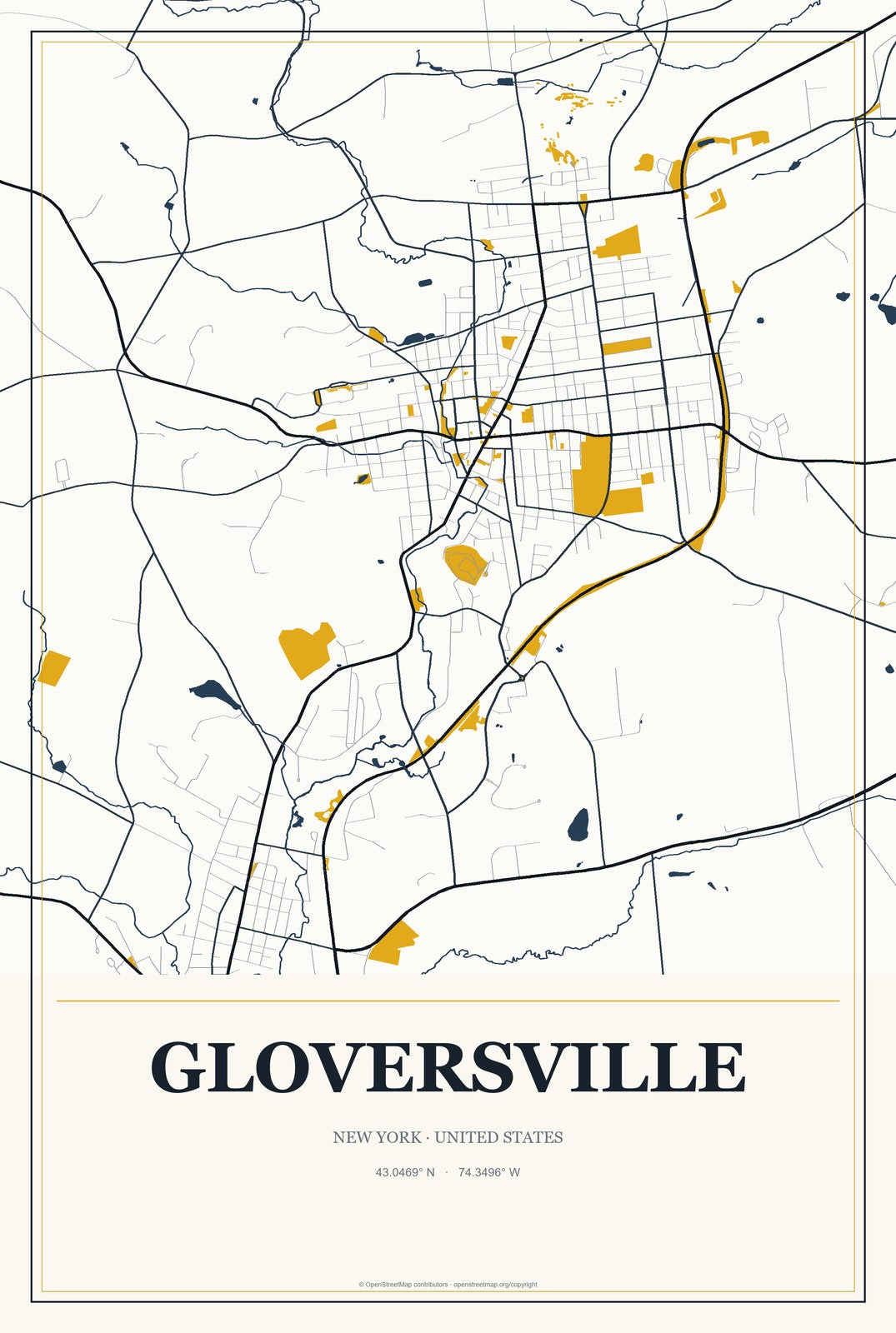 Gloversville, New York City Map Aluminum Sign in Citrine Modern style
