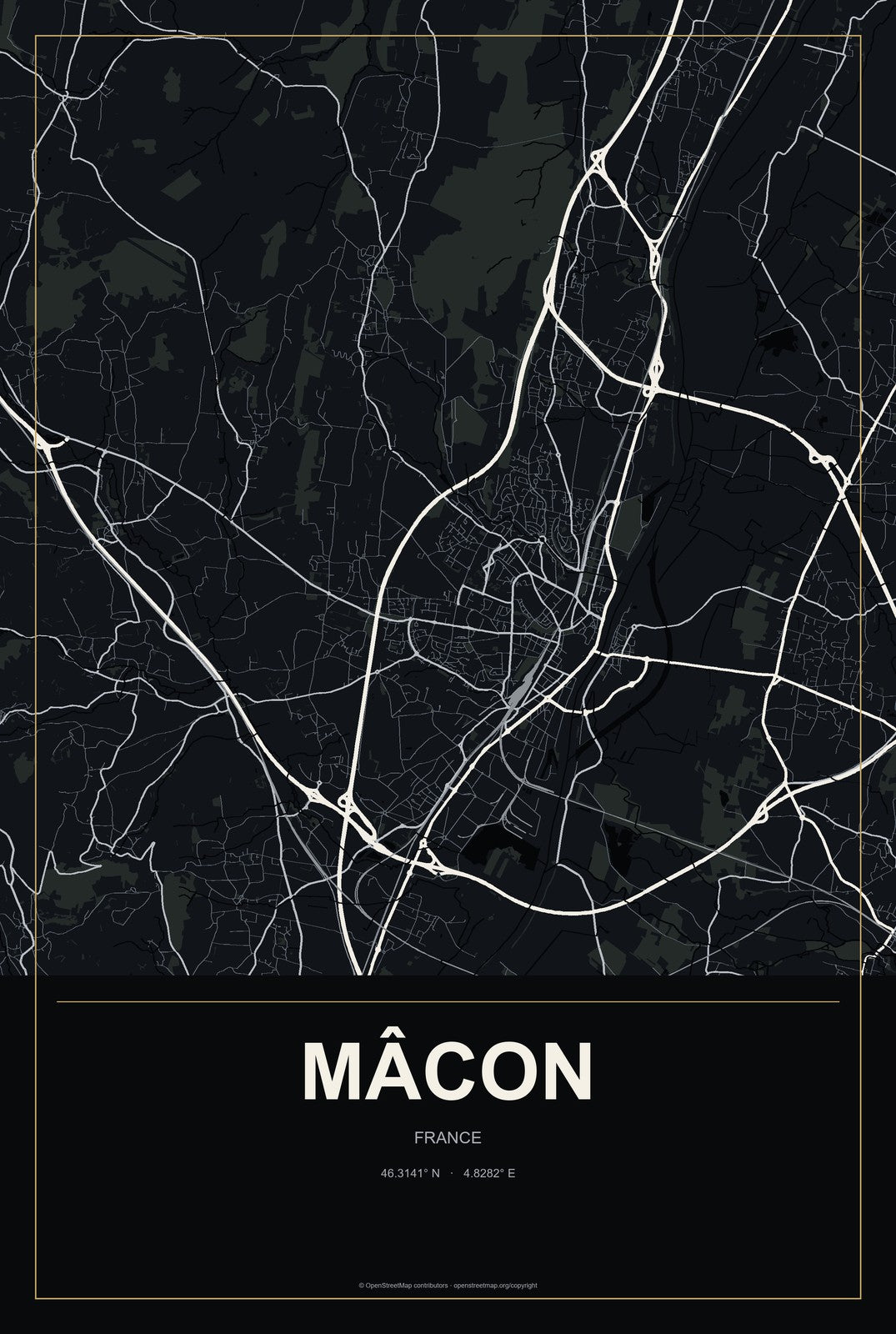 Mâcon, France City Map Aluminum Sign in Metropolitan Noir style