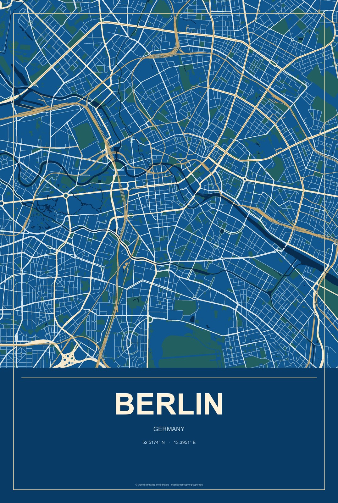 Berlin, Germany City Map Aluminum Sign in Harbor Cobalt style