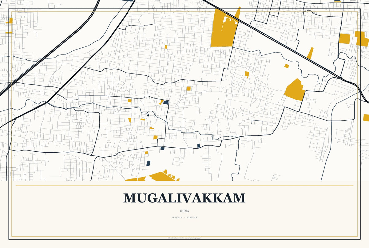 Mugalivakkam, India City Map Aluminum Sign in Citrine Modern style