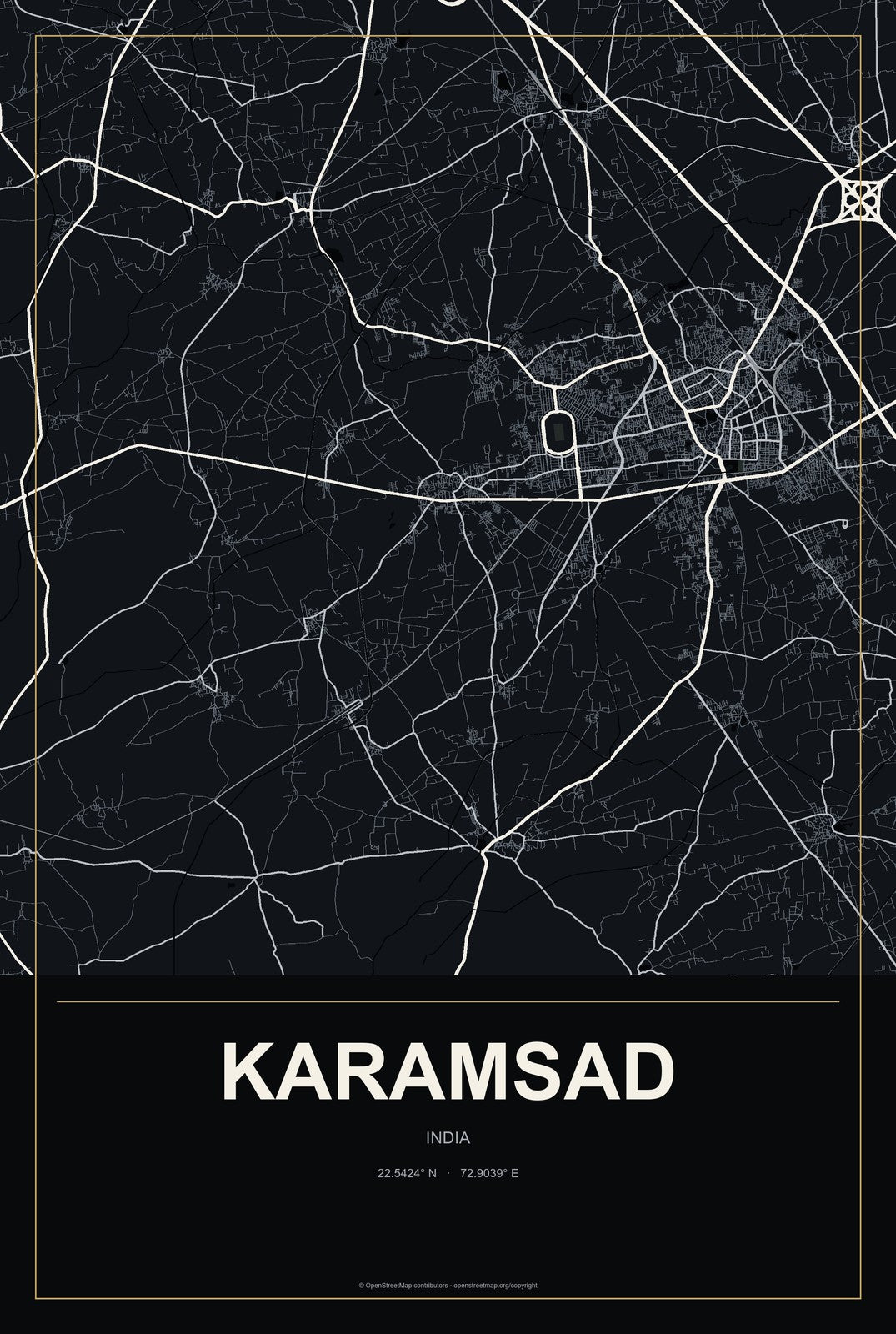 Karamsad, India City Map Aluminum Sign in Metropolitan Noir style