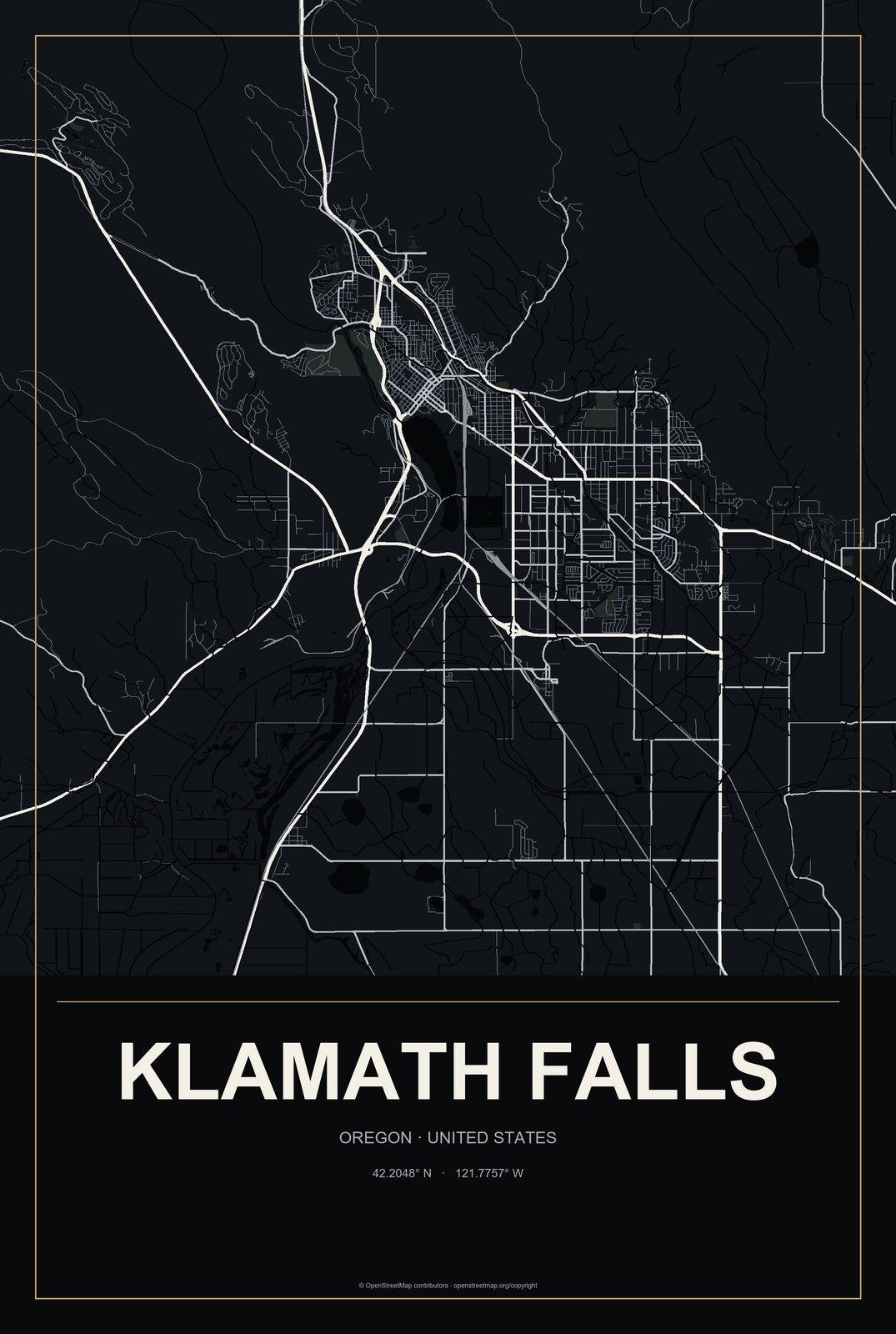 Klamath Falls, Oregon City Map Aluminum Sign in Metropolitan Noir style