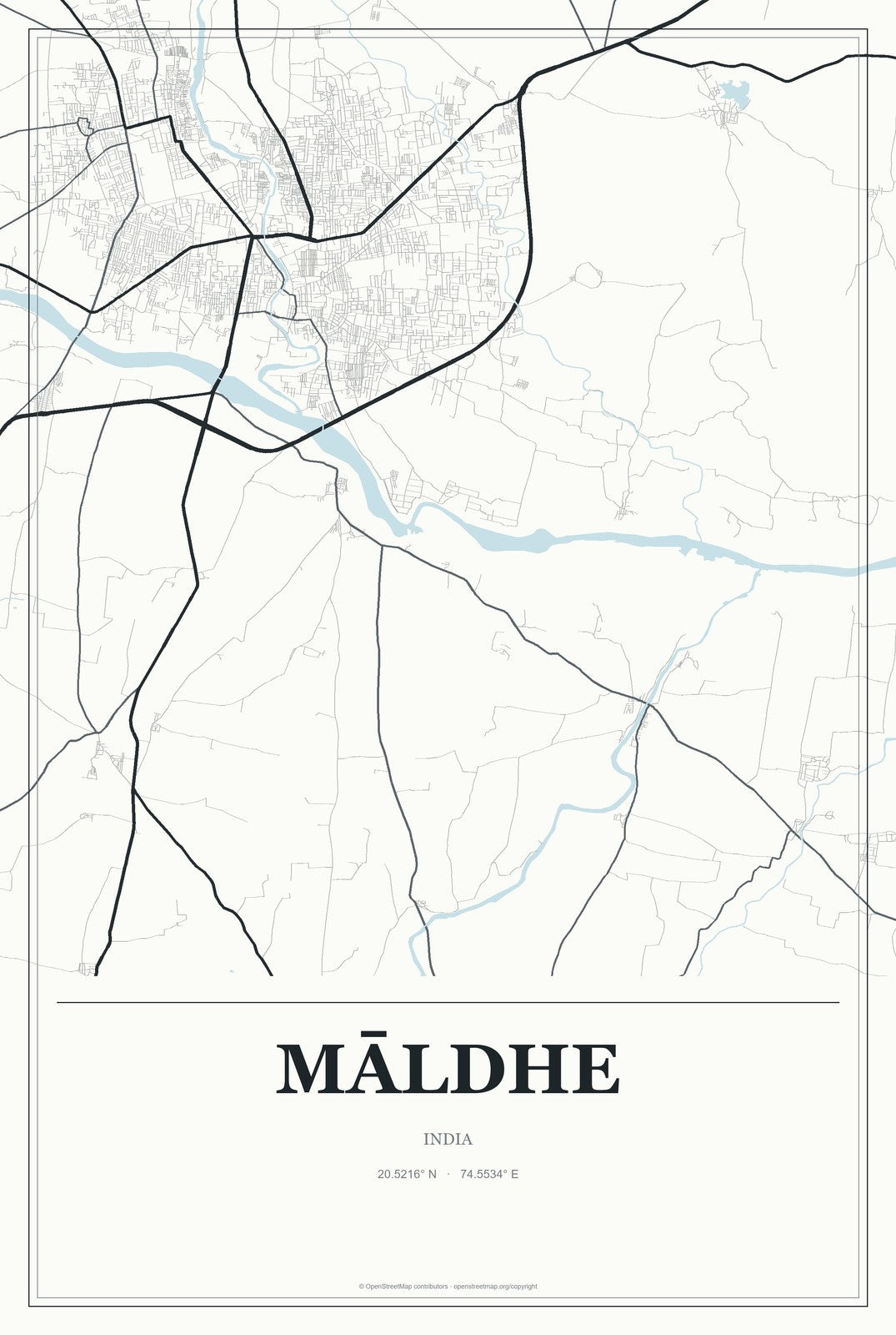 Māldhe, India City Map Aluminum Sign in Gallery Air style