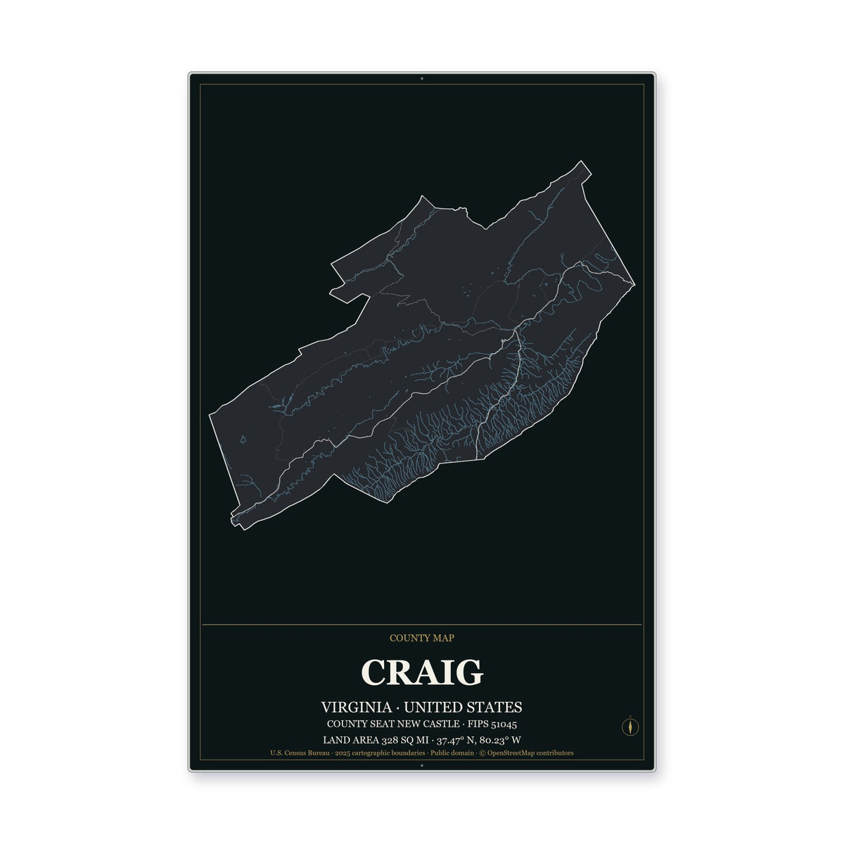 Craig County, Virginia Map Aluminum Sign in Metropolitan Noir style
