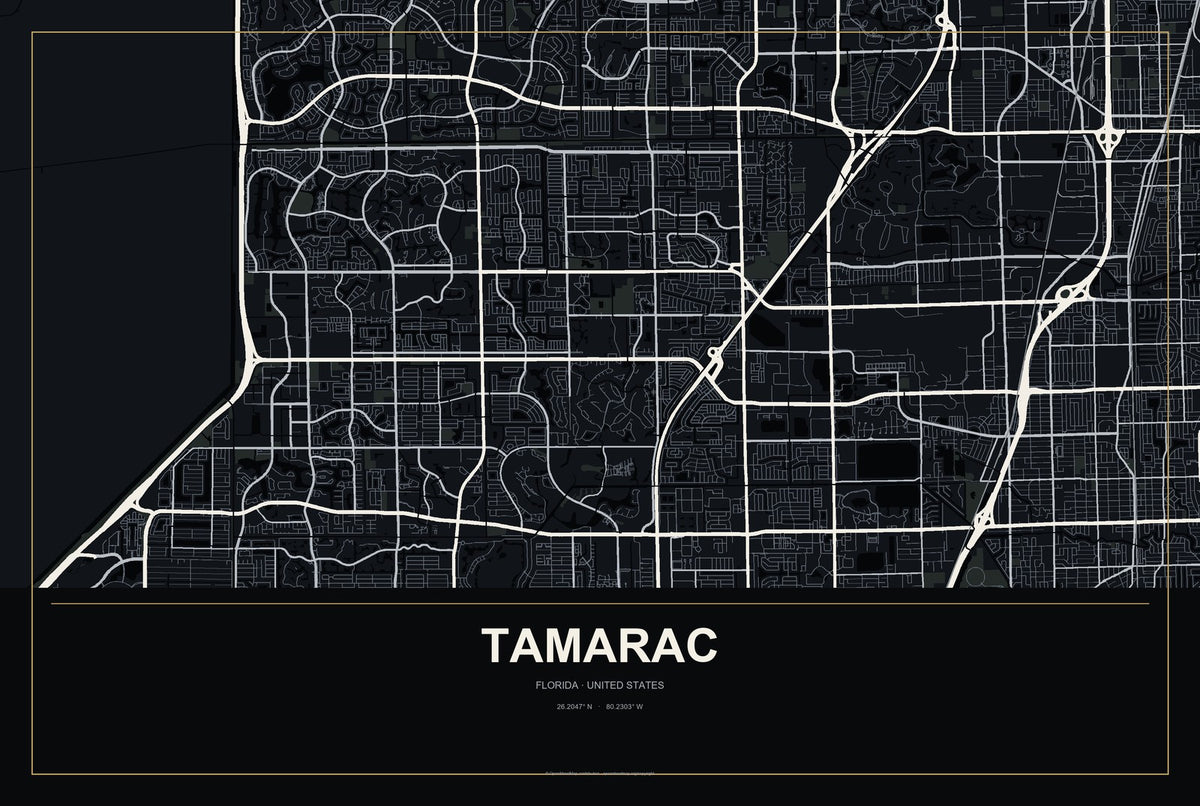 Tamarac, Florida City Map Aluminum Sign in Metropolitan Noir style