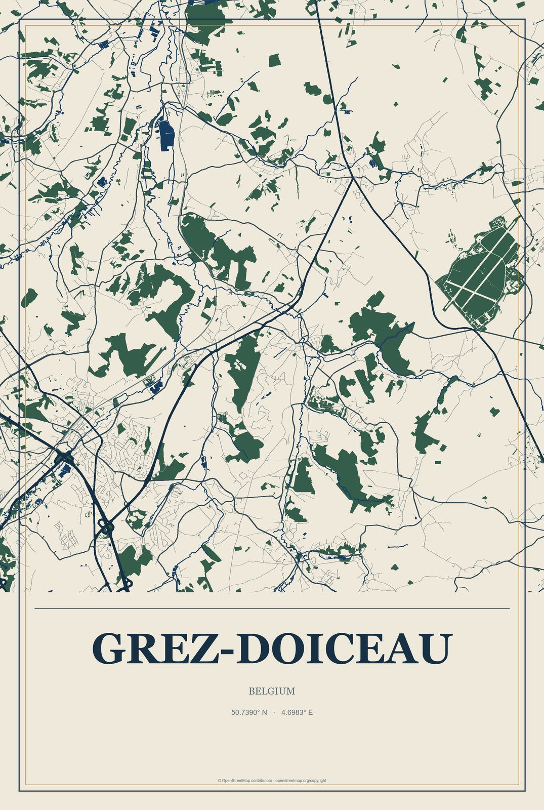 Grez-Doiceau, Belgium City Map Aluminum Sign in Coastal Cutout style