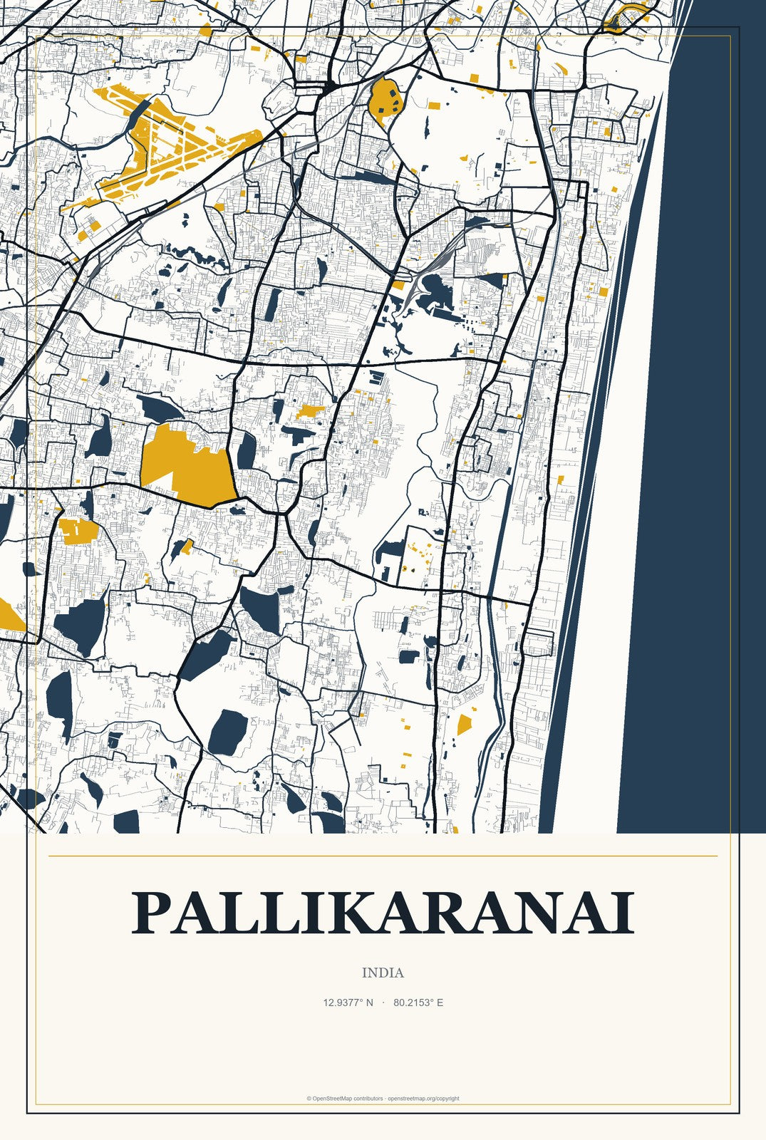 Pallikaranai, India City Map Aluminum Sign in Citrine Modern style