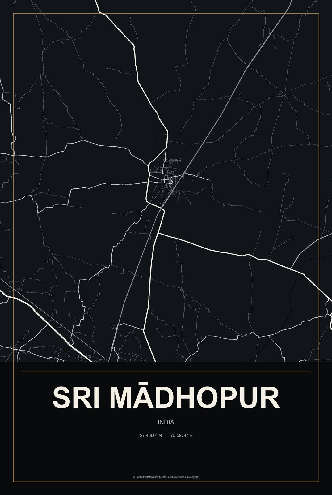 Sri Mādhopur, India City Map Aluminum Sign in Metropolitan Noir style